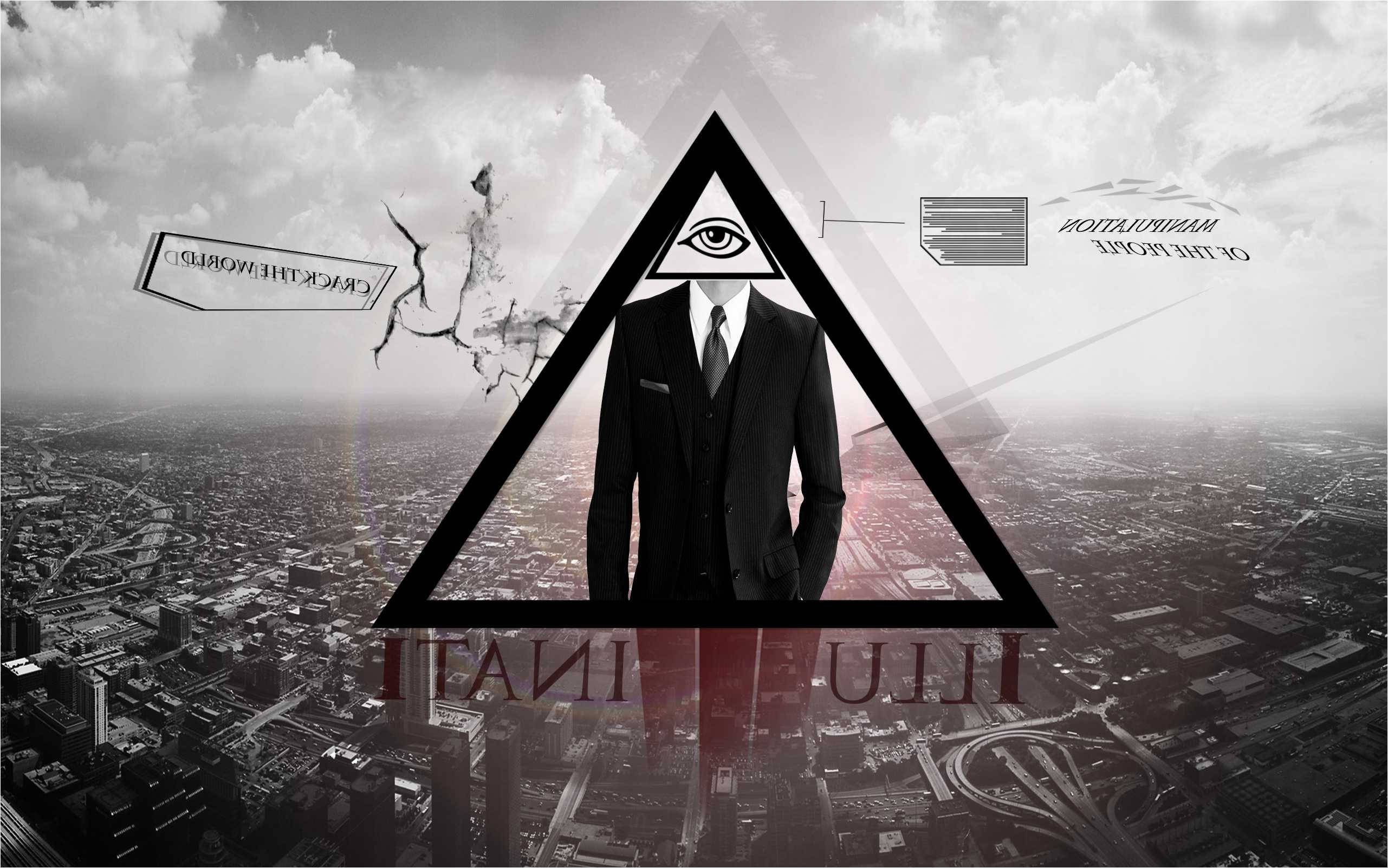 illuminati 桌布 壁紙 — 一個穿著西裝的人物，三角形內有一個全視之眼，站在雲層天空下廣闊的城市景觀之上。