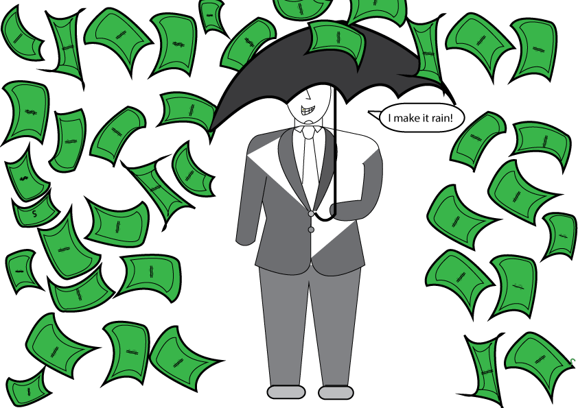Raining 桌布 壁紙 — 一個穿著西裝的剪影撐著雨傘，綠色美元鈔票如雨般落在黑色背景上。
