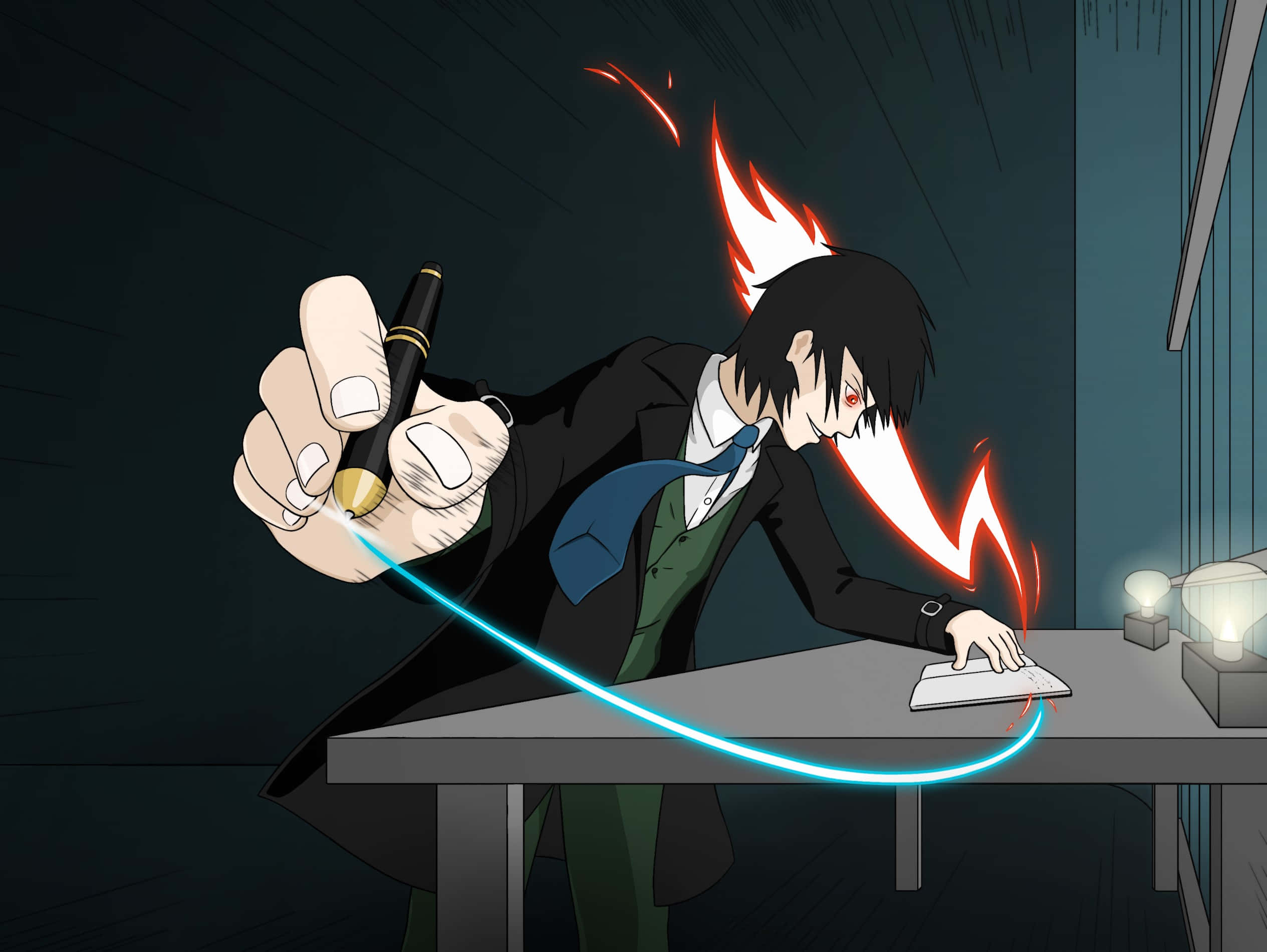 Teru Mikami 桌布 壁紙 — 一個穿著西裝的動漫角色俯身在桌子上，揮舞著發光的筆和鍵盤，周圍有熾熱的能量劈啪作響。