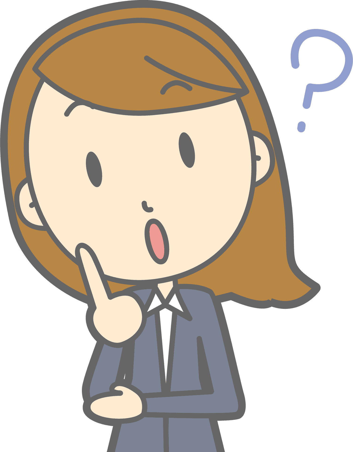 Clip Art 桌布 壁紙 — 一個穿著西裝的卡通女人看起來很驚訝，一個問號漂浮在她的頭旁邊。