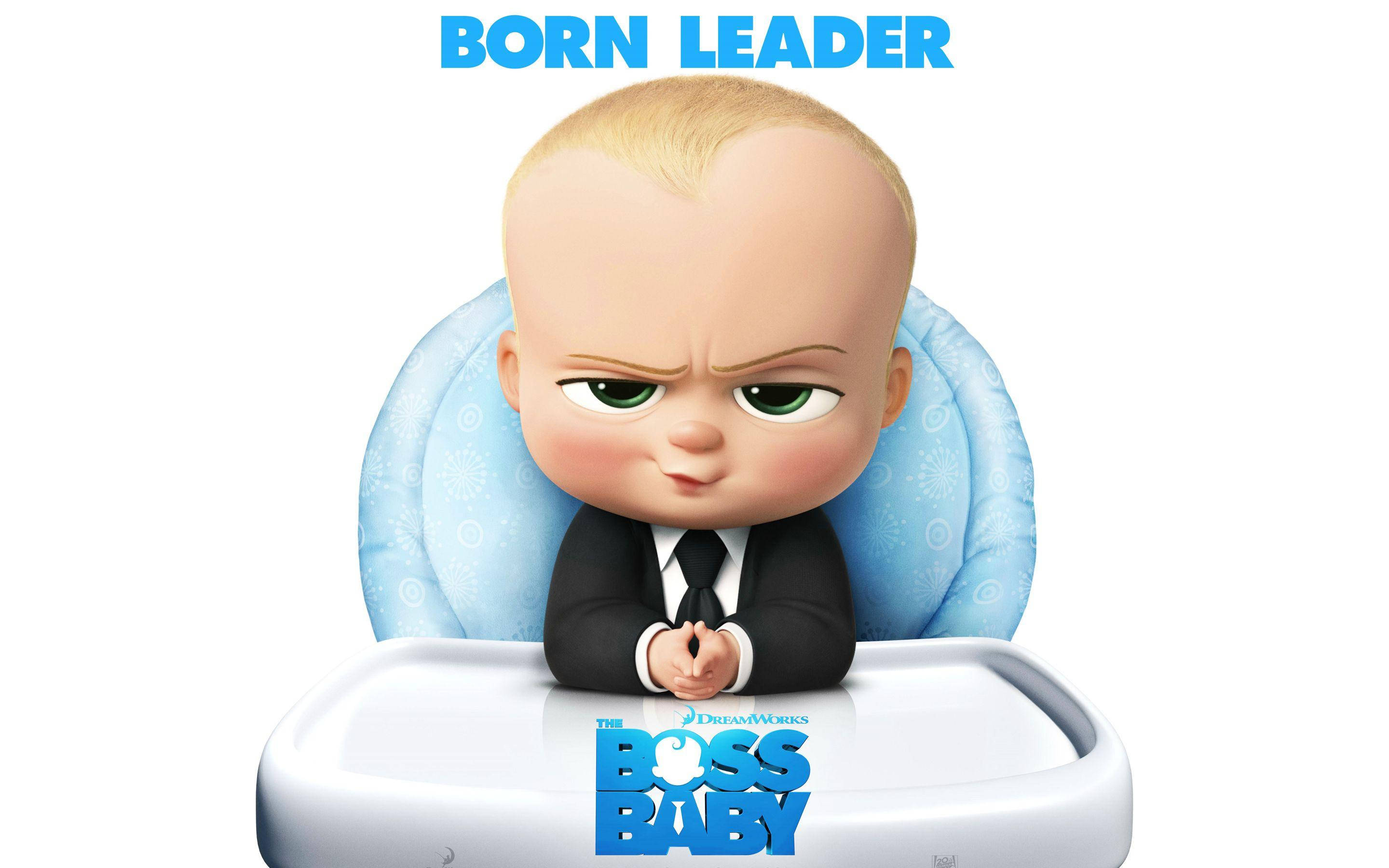 boss 桌布 壁紙 — 一個穿著西裝的卡通嬰兒嚴肅地坐在高腳椅上，上方有「BORN LEADER」文字。