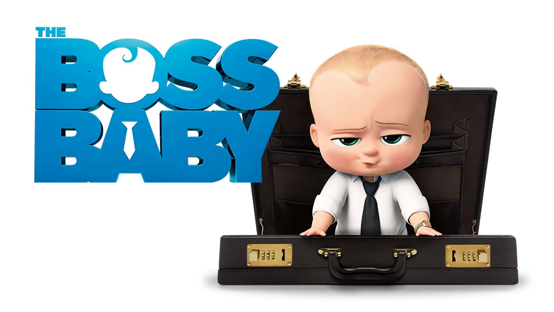 boss 桌布 壁紙 — 一個穿著西裝的卡通嬰兒坐在打開的公事包內，旁邊是粗體藍色的『寶貝老闆』標題。