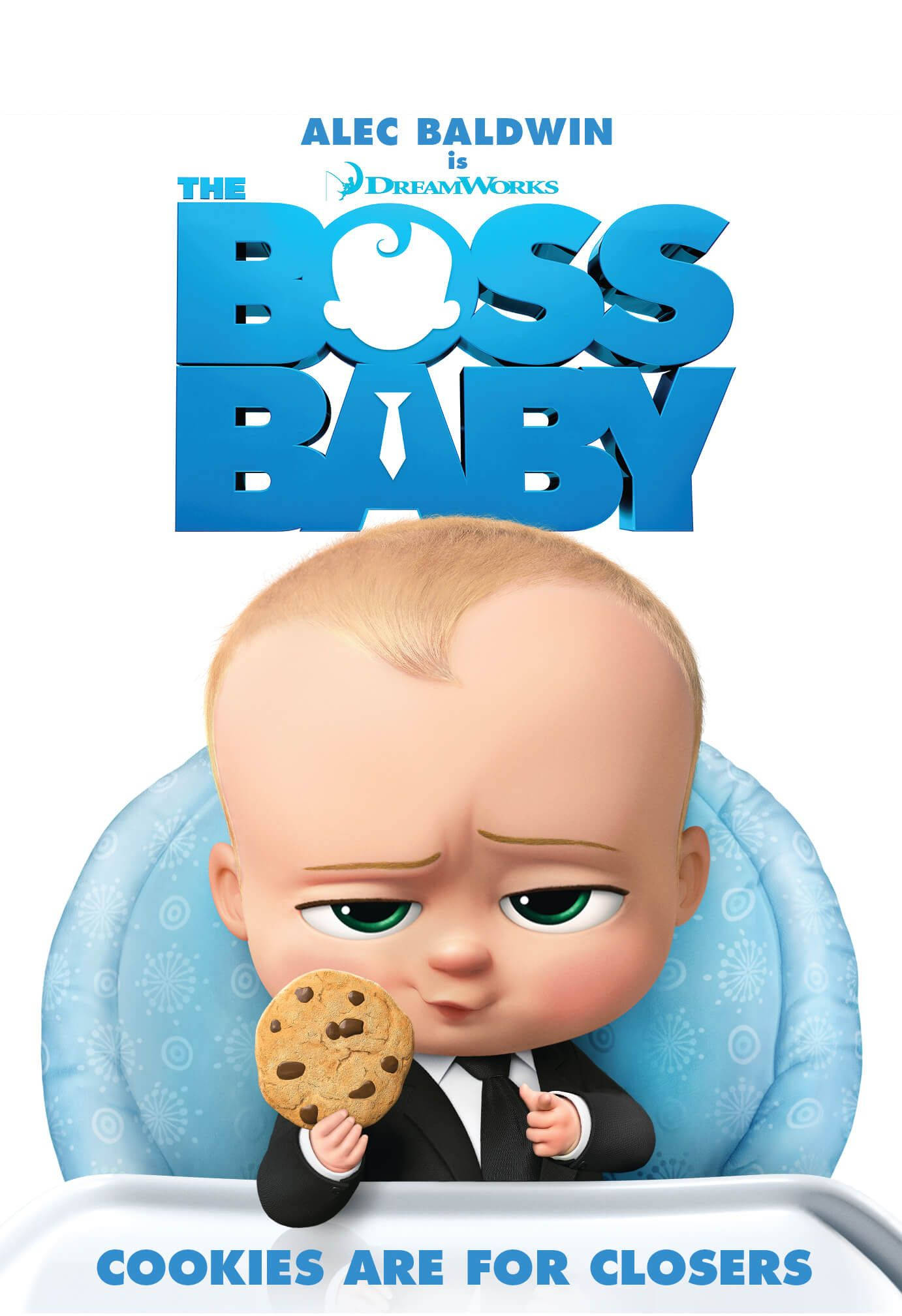 boss 桌布 壁紙 — 一個穿著西裝的卡通嬰兒坐在高腳椅上，拿著一塊巧克力餅乾，表情嚴肅。