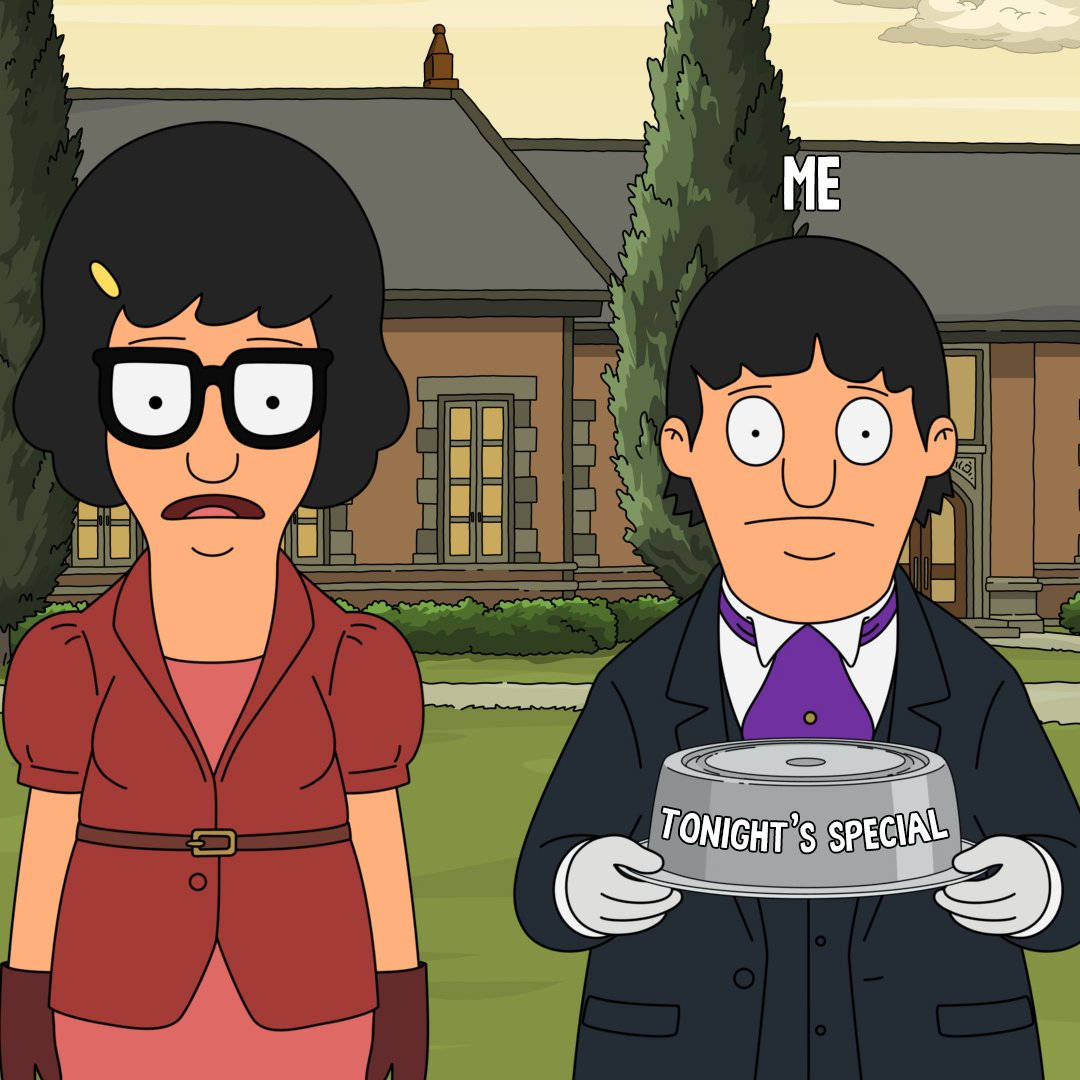 tina belcher 桌布 壁紙 — 一個穿著西裝的卡通男人拿著一個蓋著的盤子，上面標著今晚特選，站在一個穿著紅色外套的女人旁邊，在戶外。