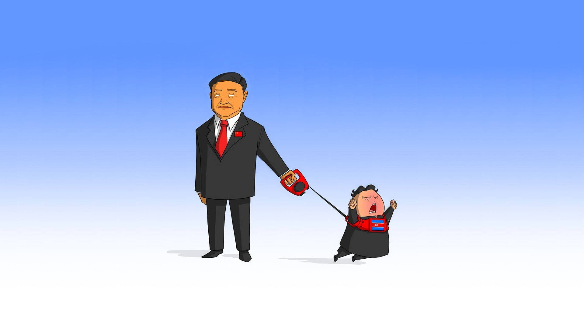 North Korea 桌布 壁紙 — 一個穿著西裝的卡通男人拿著一條皮帶，連接到一個較小的穿著西裝的男人，他正在掙扎和尖叫，背景是純藍色漸變。