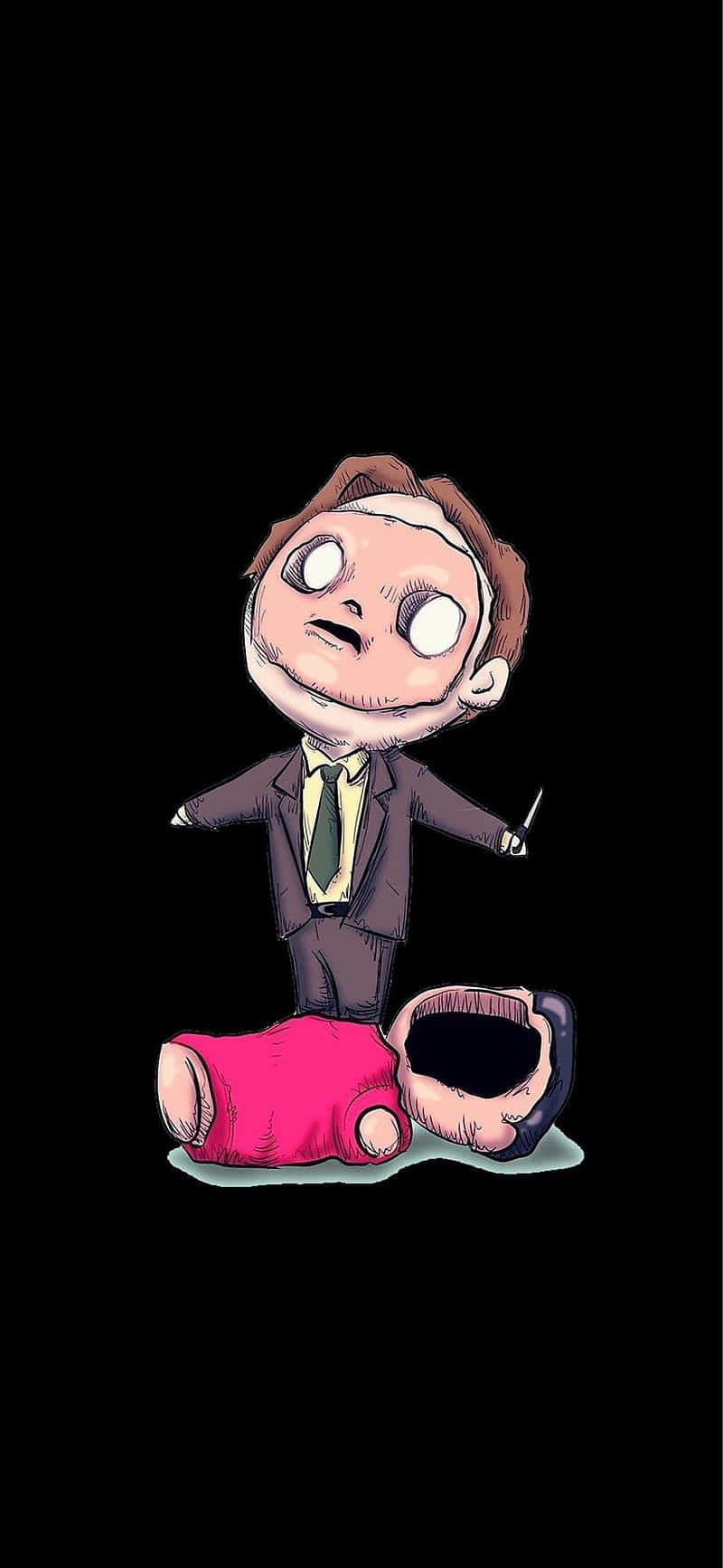 dwight schrute 桌布 壁紙 — 一個穿著西裝的卡通男人站在一個被切斷的頭顱和粉紅色軀幹上，背景是黑色。