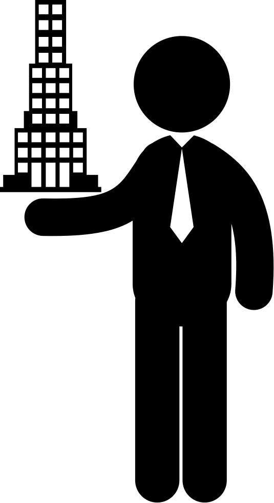 Silhouette 桌布 壁紙 — 一個穿著西裝的商人的黑色剪影，在白色背景前拿著摩天大樓模型。