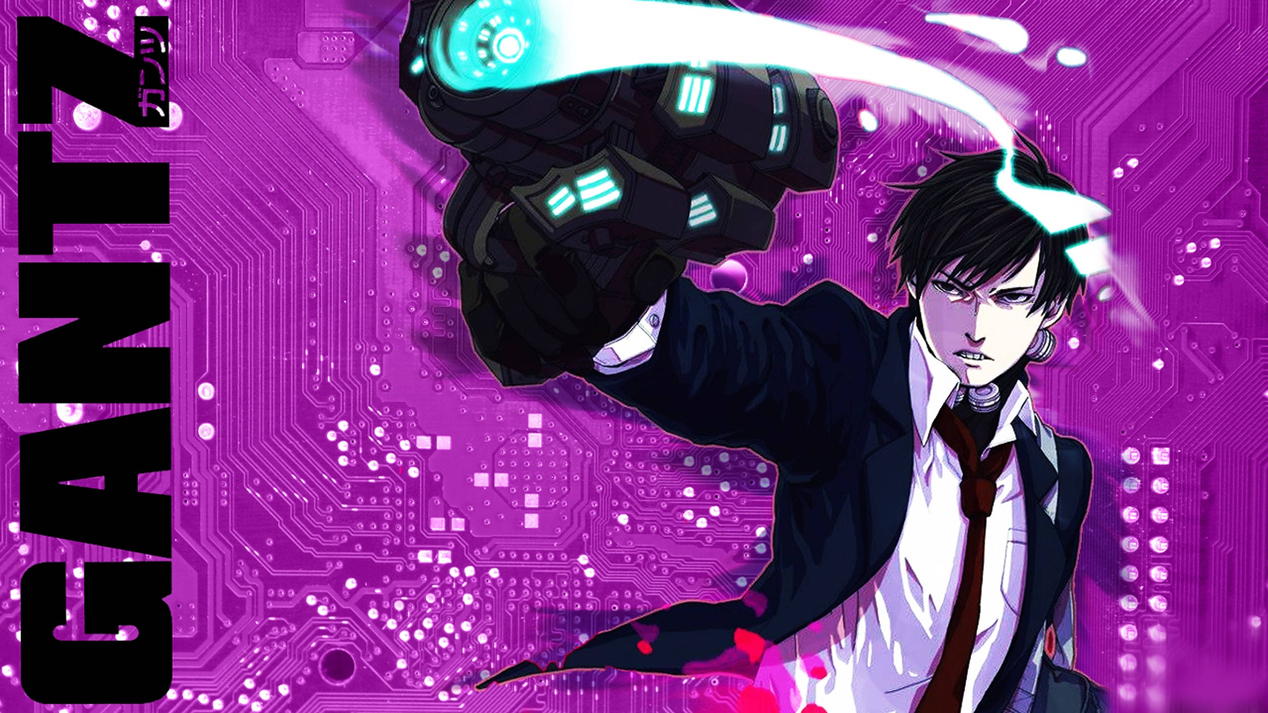 Gantz 桌布 壁紙 — 一個穿著西裝的堅定動漫男子，在充滿活力的紫色電路板背景下揮舞著發光的機械手臂。