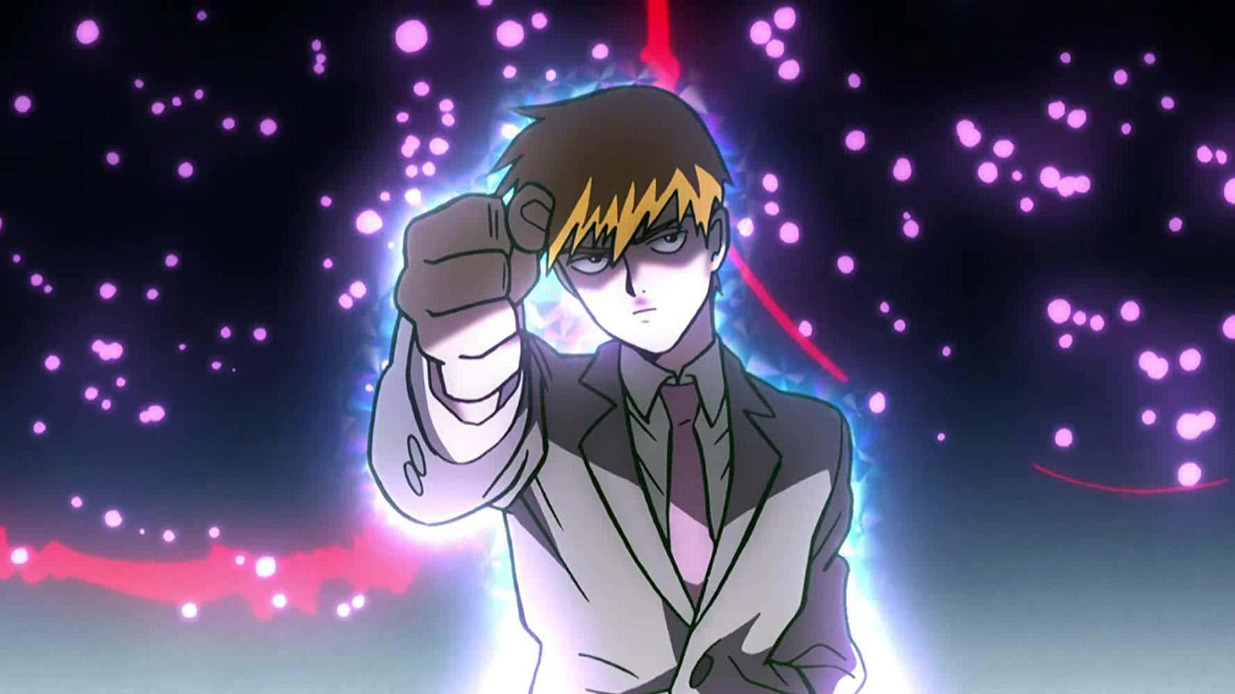 Arataka Reigen 桌布 壁紙 — 一個穿著西裝的堅定動漫角色，在黑暗背景下向前出拳，伴隨著發光的能量和紫色火花。