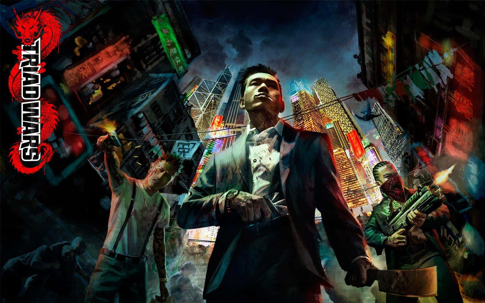 Sleeping Dogs 桌布 壁紙 — 一個穿著西裝的堅韌城市戰士挑釁地站在霓虹燈閃爍的摩天大樓中，而武裝盟友在混亂的賽博朋克城市景觀中戰鬥。