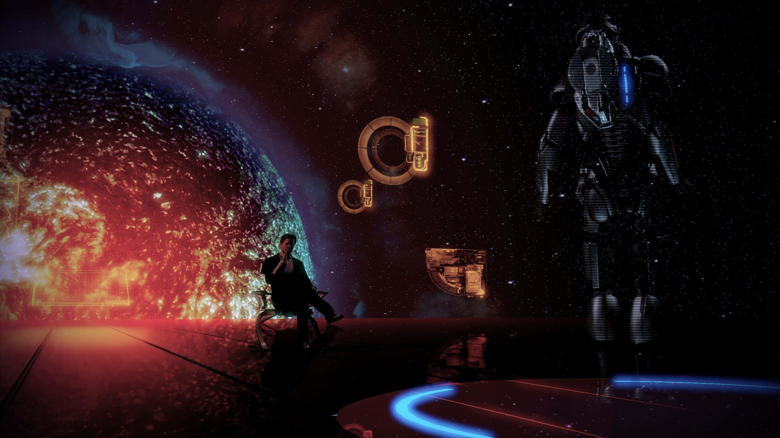 Mass Effect 2 桌布 壁紙 — 一個穿著西裝的孤獨身影坐在未來風格的平台上，旁邊是一個高聳的機器人，凝視著星空虛空中一顆熾熱的行星。