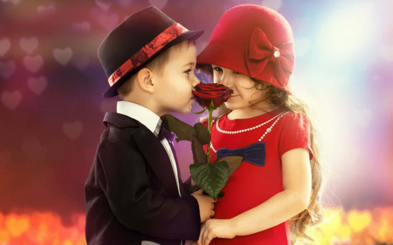 Cute Toddlers 桌布 壁紙 — 一個穿著西裝的小男孩親吻一個穿著紅色連衣裙和帽子的女孩手持的紅玫瑰，背景是心形散景。