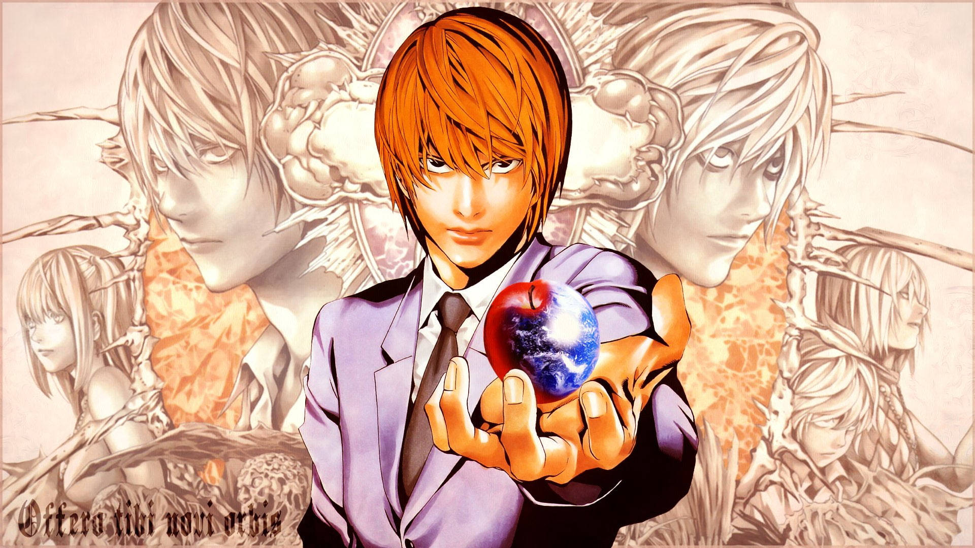 Misa 桌布 壁紙 — 一個穿著西裝的年輕動漫男孩手持發光的紅藍色球體，周圍環繞著其他角色的褪色草圖。
