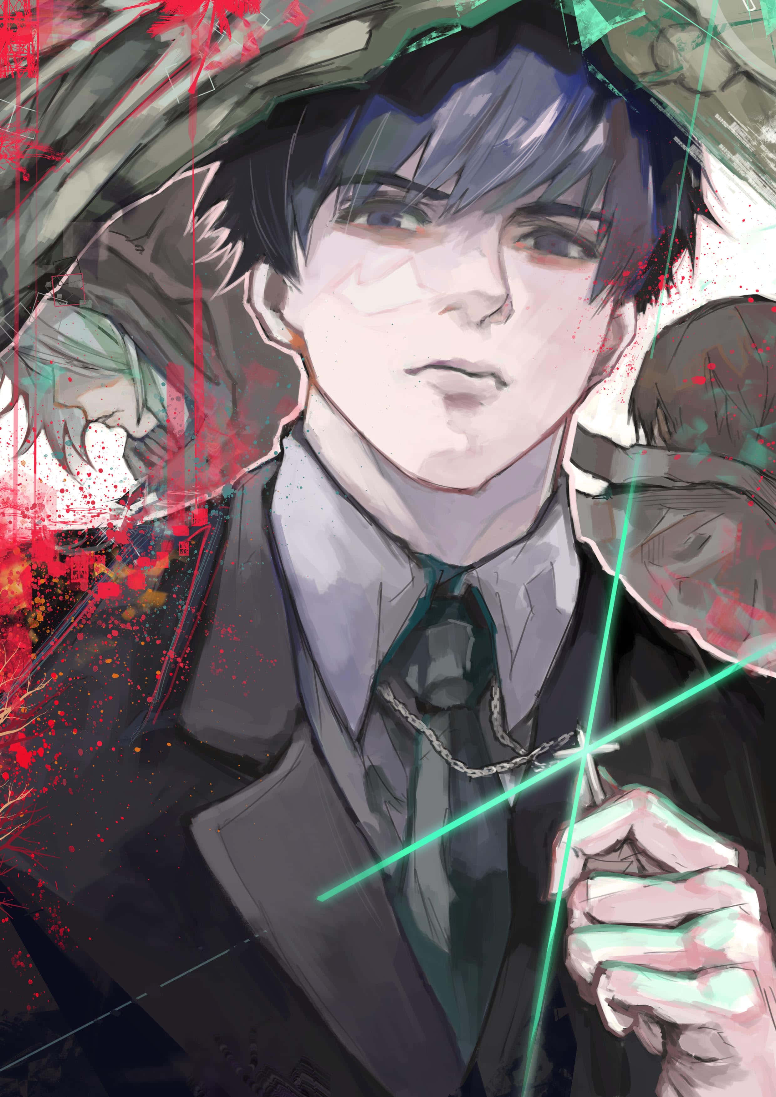 Koutarou Amon 桌布 壁紙 — 一個穿著西裝的年輕男子在紅色和綠色飛濺效果中手持發光的綠色刀片，呈現動態的動漫插圖。