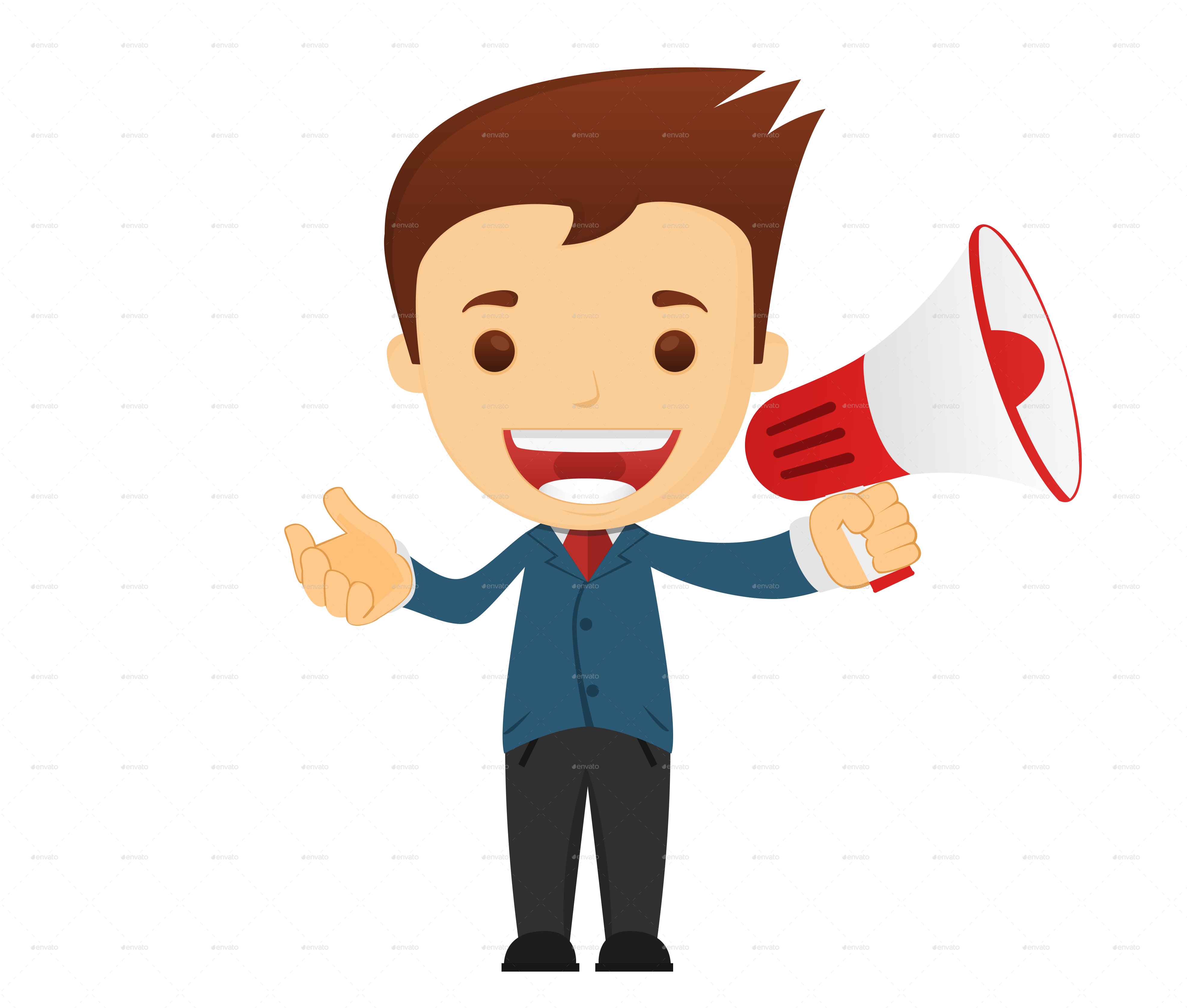 announcement 桌布 壁紙 — 一個穿著西裝的快樂卡通商人，在黑色背景前拿著紅白擴音器並豎起大拇指。