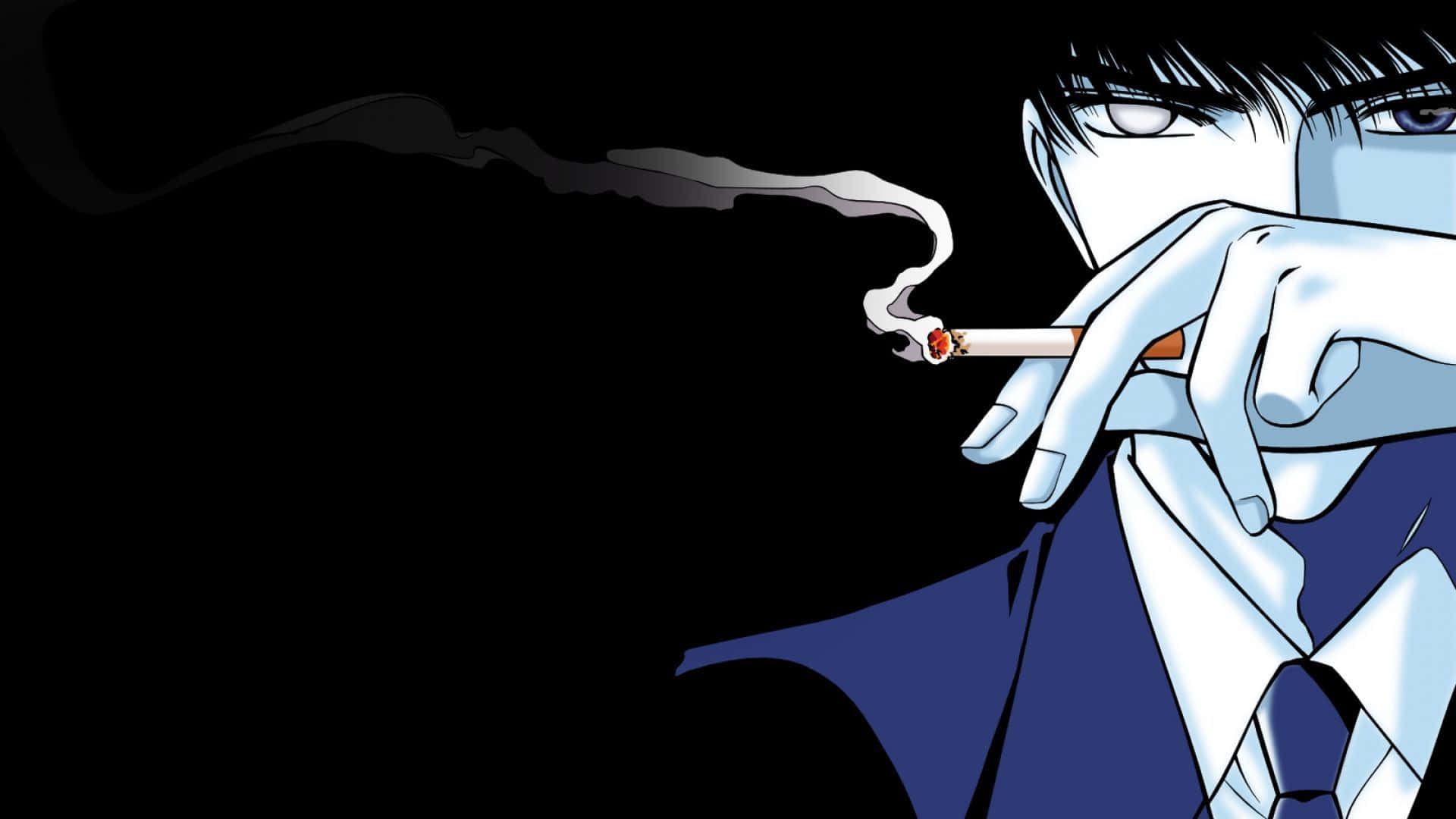 cigarettes 桌布 壁紙 — 一個穿著西裝的憂鬱動漫角色在純黑背景前抽煙，煙霧繚繞。