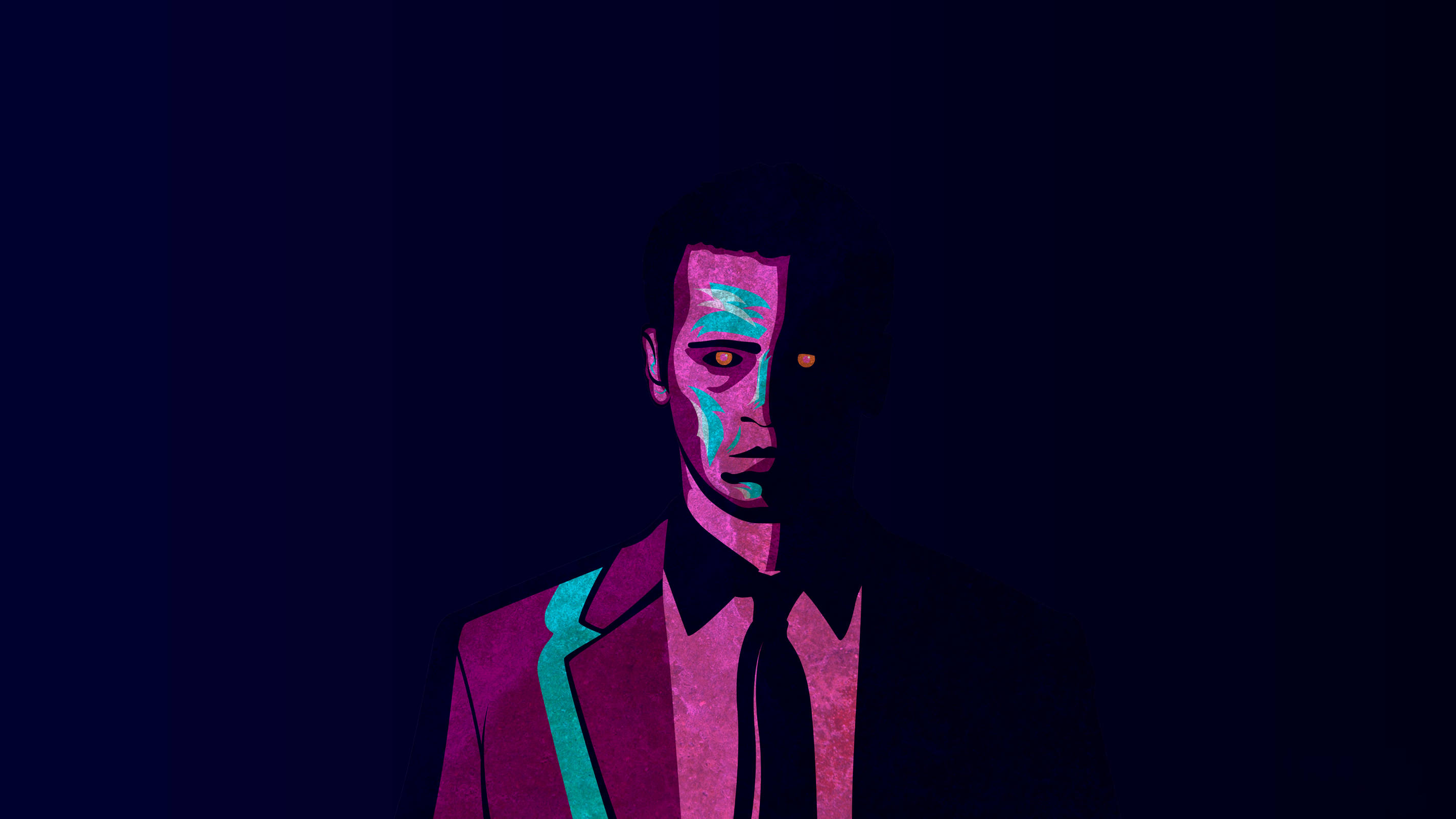 Digital 桌布 壁紙 — 一個穿著西裝的時尚男子，半邊臉在黑暗背景中散發著霓虹粉紅和藍綠色的光芒。