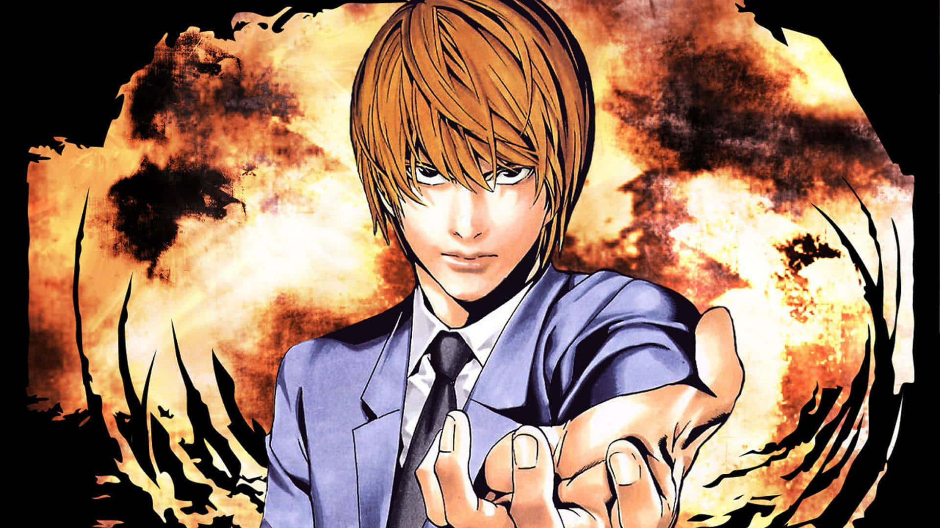 Light Yagami 桌布 壁紙 — 一個穿著西裝的決心動畫男孩在熾熱爆炸背景下伸出手。
