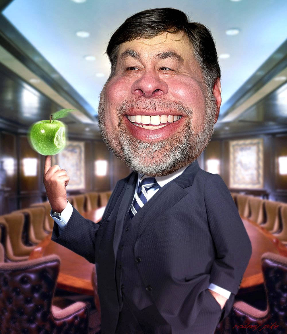 caricature 桌布 壁紙 — 一個穿著西裝的漫畫化男人在一個有皮椅的正式會議室裡拿著一個青蘋果。