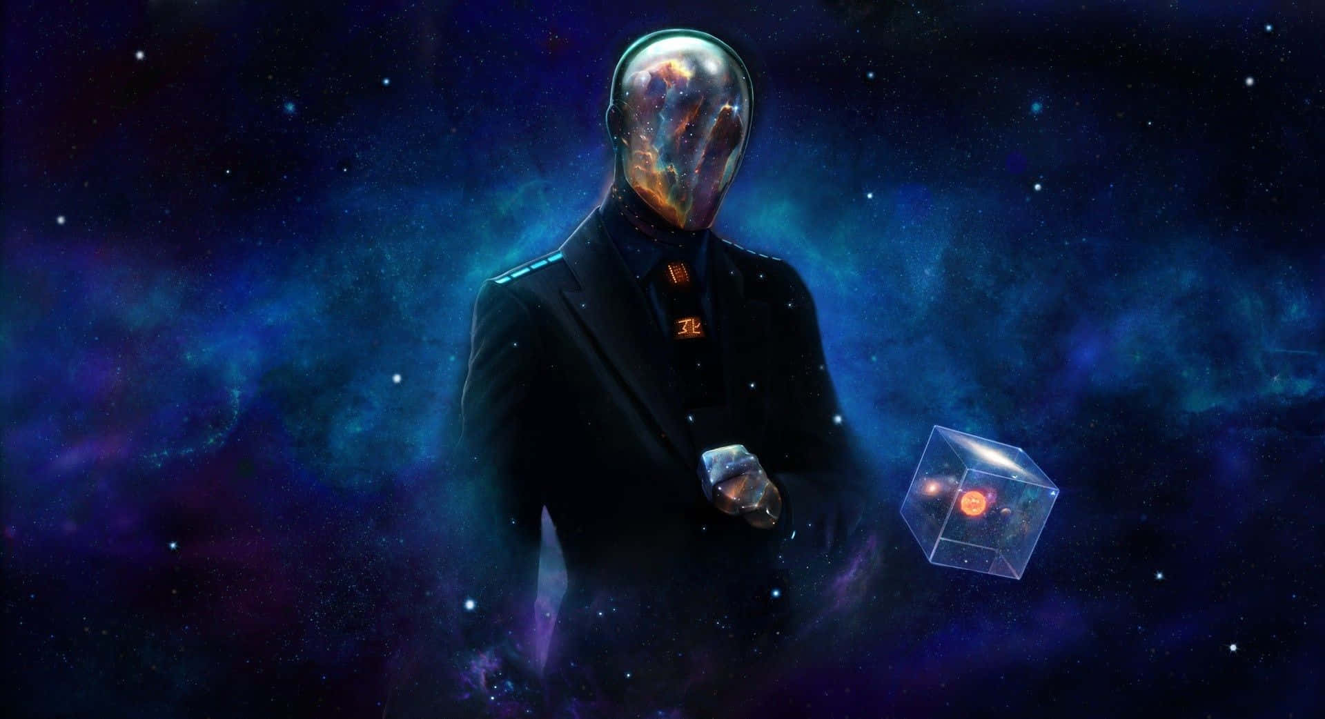 魔法動圖 桌布 壁紙 — 一個穿著西裝的無臉人站在宇宙星雲中，手持一個內部有星星的發光立方體。