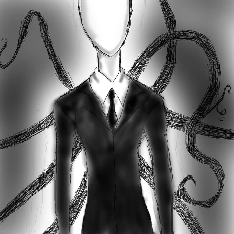 Creepypasta 桌布 壁紙 — 一個穿著西裝的無面人形生物，帶有塗鴉般的觸手以單色圍繞身體旋轉。