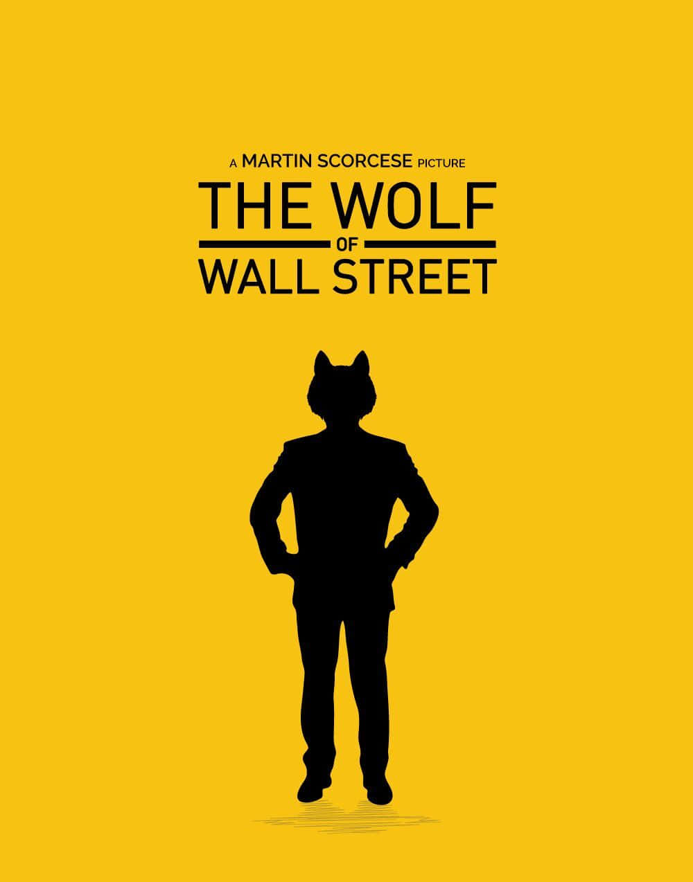 Wolf Of Wall Street 桌布 壁紙 — 一個穿著西裝的狼頭男人的大膽黑色剪影，自信地站在充滿活力的黃色背景上，帶有電影標題文字。