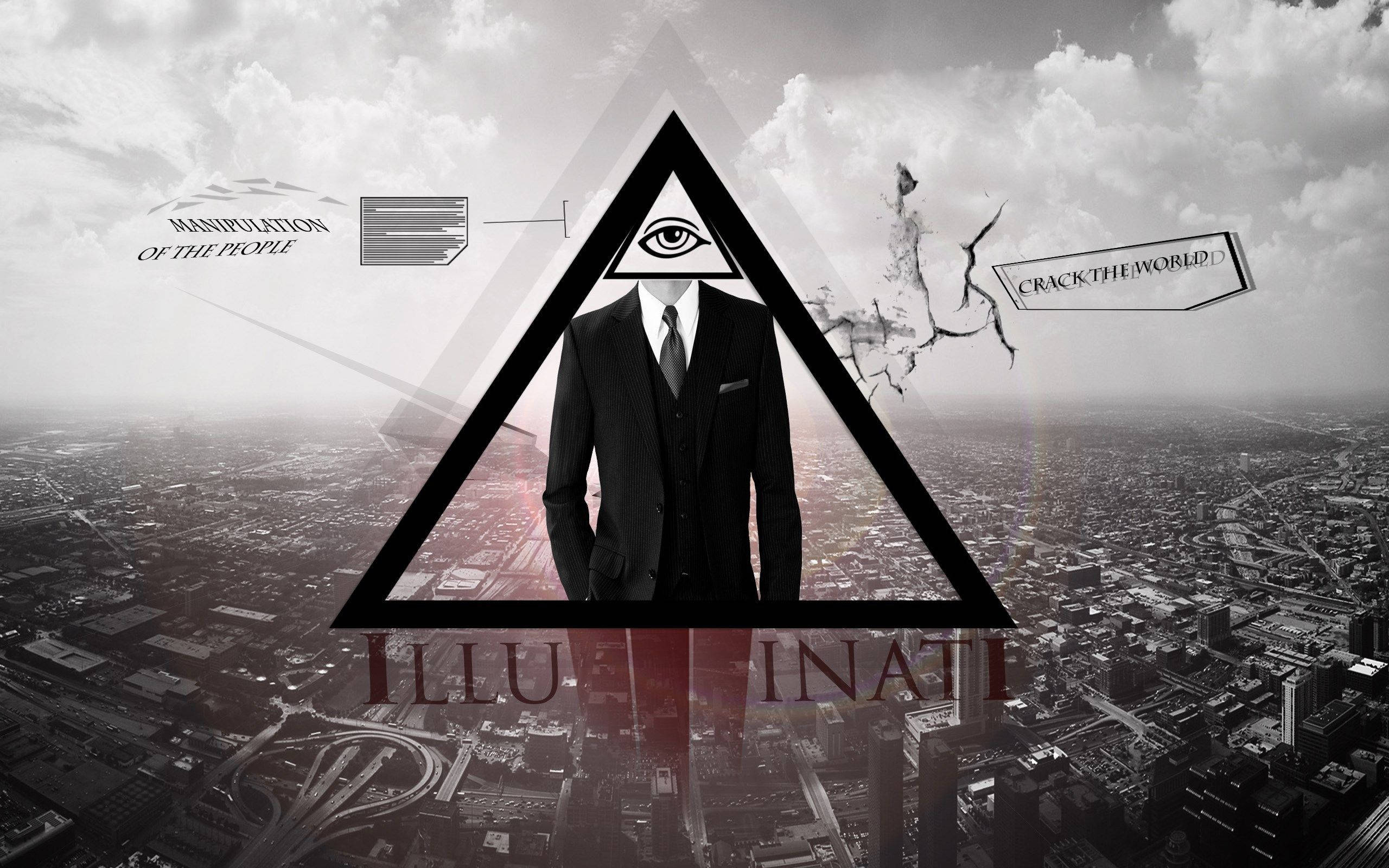 illuminati 桌布 壁紙 — 一個穿著西裝的男人，三角形內有一個全視之眼，籠罩在陰雲密布的天空下廣闊的城市景觀之上。