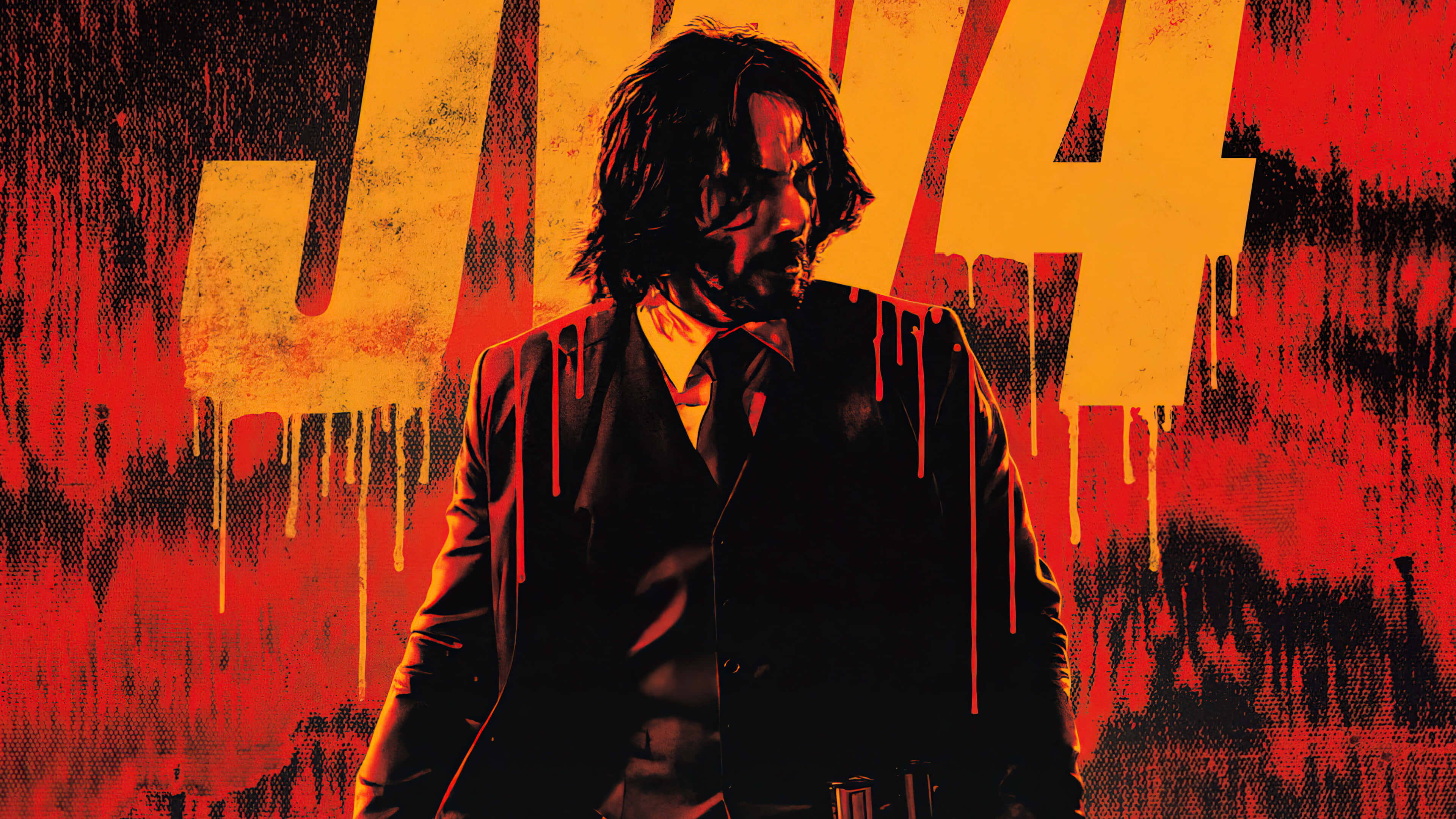 John Wick 4 桌布 壁紙 — 一個穿著西裝的男人，臉上滴著血，背景是火紅和橙色的粗糙數位藝術肖像。