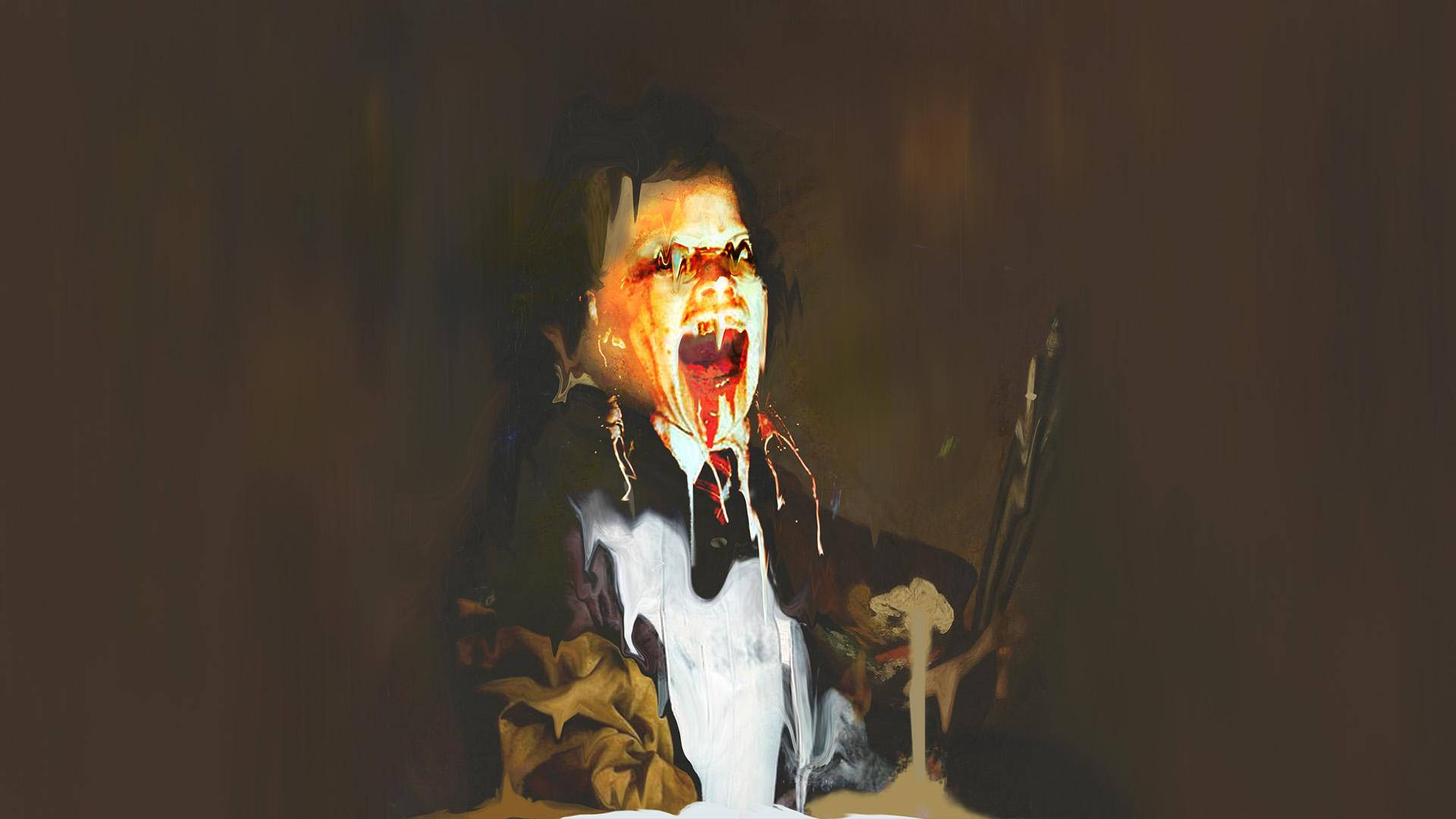Layers 桌布 壁紙 — 一個穿著西裝的男人在黑暗背景前尖叫，血從他的嘴裡滴下來。