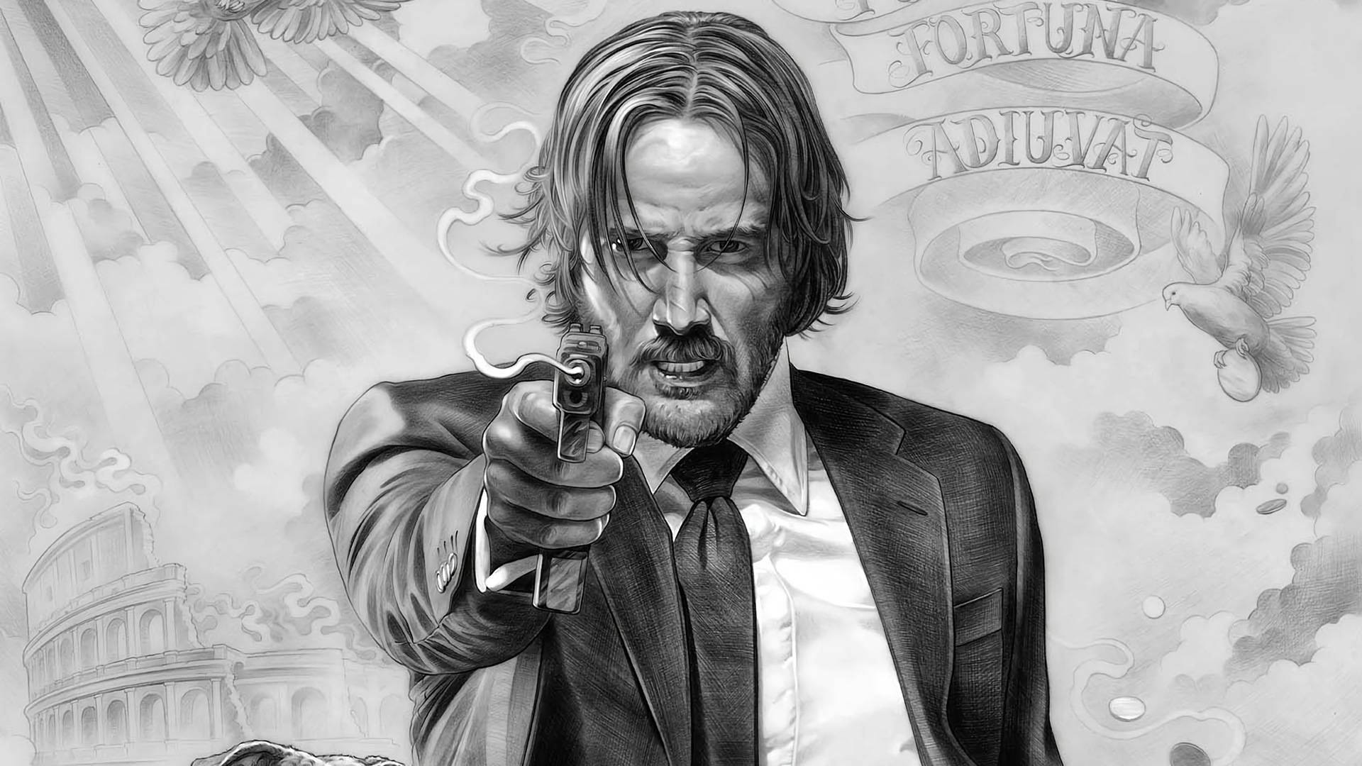 John Wick 桌布 壁紙 — 一個穿著西裝的男人用手槍指著，背景有羅馬競技場和拉丁語橫幅的戲劇性黑白插圖。