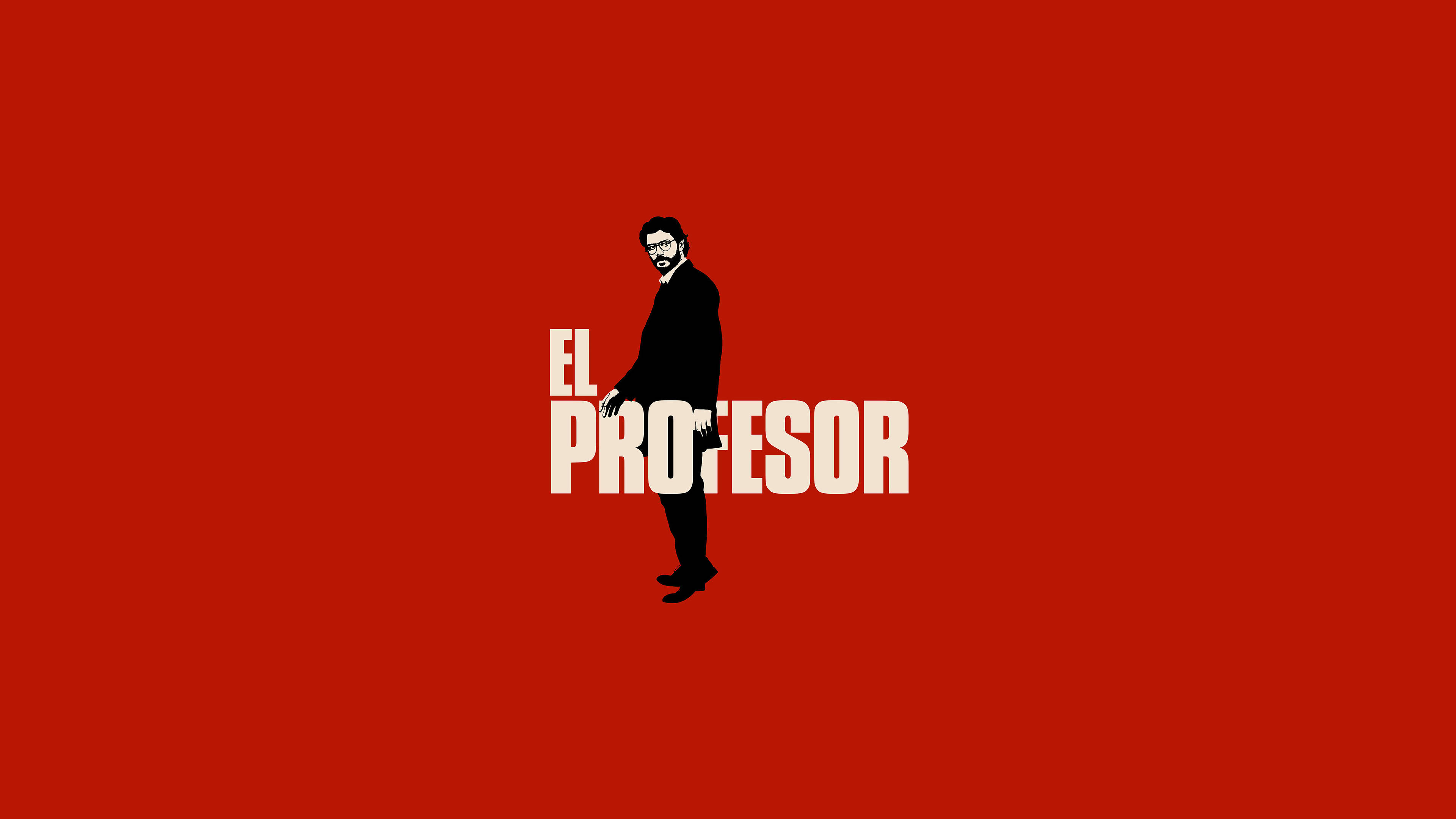 Professor 桌布 壁紙 — 一個穿著西裝的男人的極簡黑色剪影，站在大膽的紅色背景上，帶有白色文字 'EL PROFESOR'。