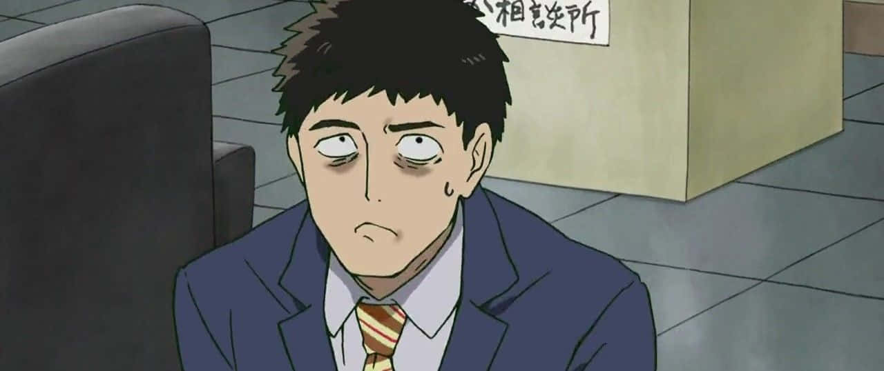 Katsuya Serizawa 桌布 壁紙 — 一個穿著西裝的疲憊動漫男孩，在磁磚房間裡垂頭喪氣地坐著，眼神疲倦，表情低落。