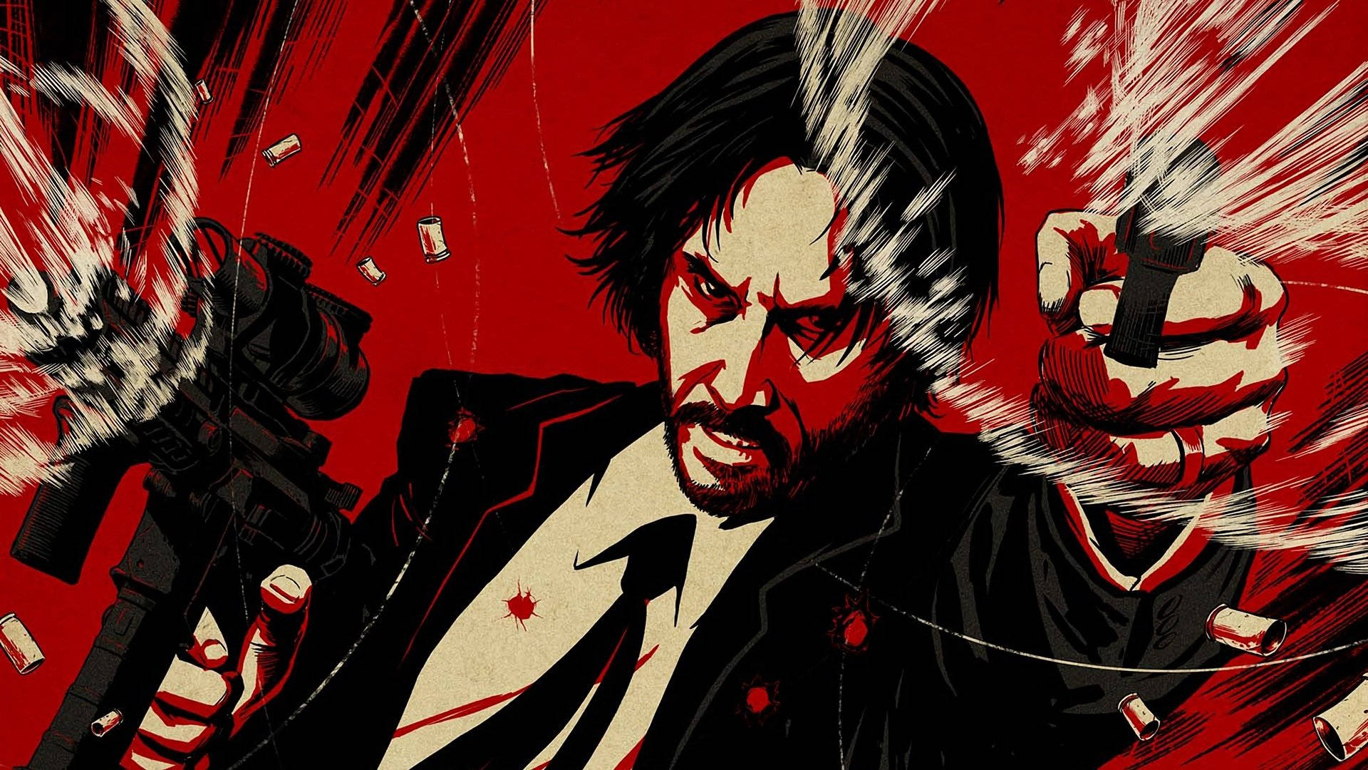 John Wick 桌布 壁紙 — 一個穿著西裝的粗獷插圖男子在血紅色背景上雙槍齊發，子彈飛舞，動態線條充滿力量。