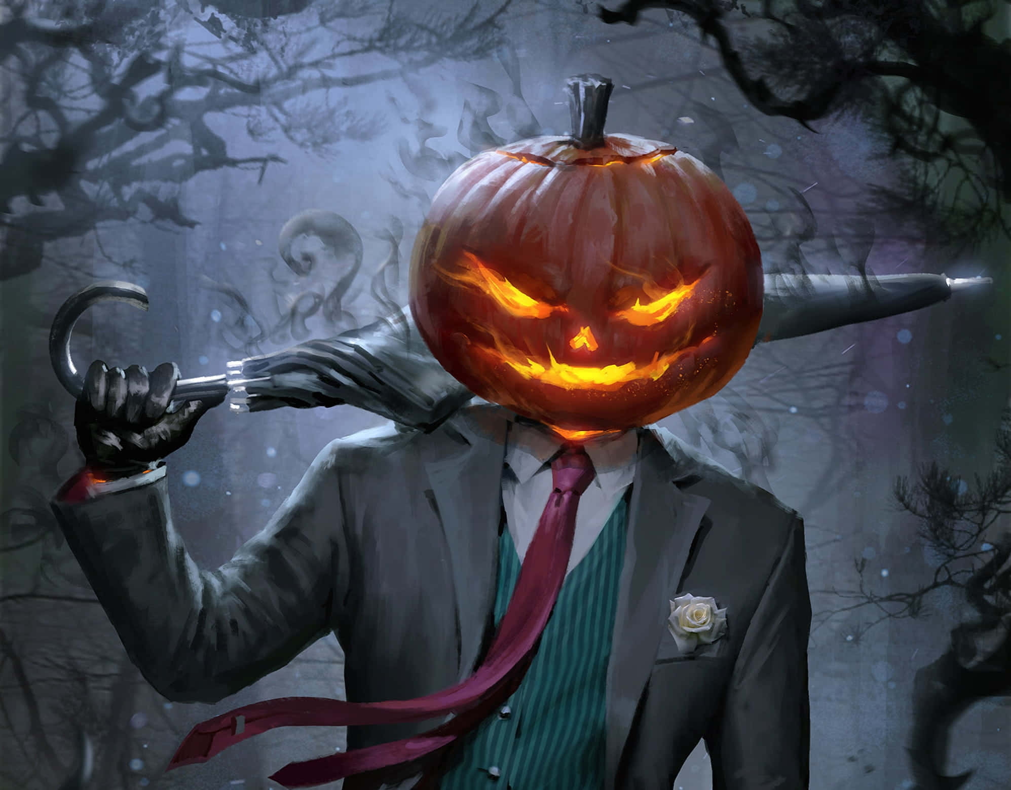 Halloween Costume 桌布 壁紙 — 一個穿著西裝的邪惡人物在迷霧籠罩的鬼林中拿著發光的傑克南瓜燈頭和鉤柄雨傘。