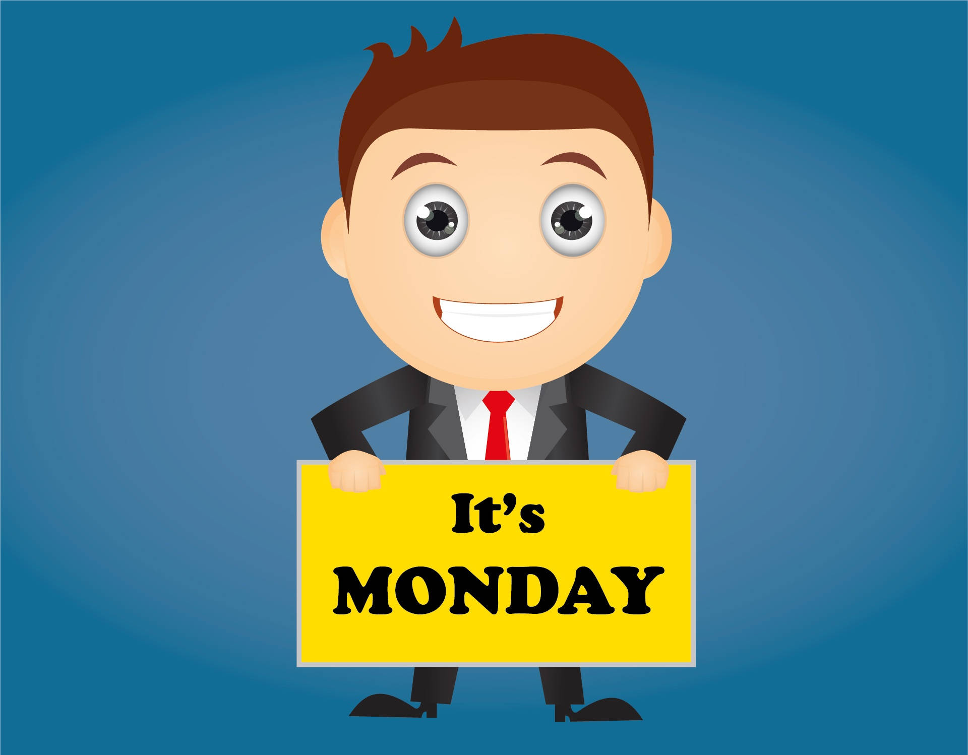 Happy Monday 桌布 壁紙 — 一個穿著西裝的開心卡通商人，在藍色漸變背景前舉著一個黃色牌子，上面寫著「今天是星期一」。