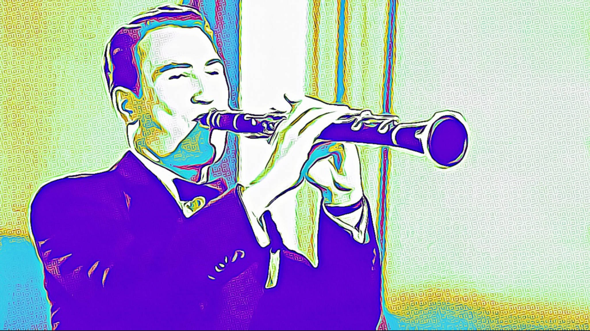 音樂 桌布 壁紙 — 一個穿著西裝的風格化男子，在圖案背景前用鮮豔的霓虹色彩和大膽輪廓吹奏單簧管。