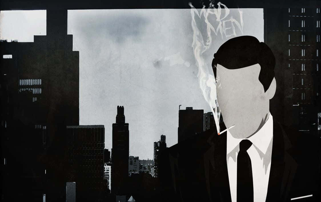 mad men 桌布 壁紙 — 一個穿著西裝的風格化男子在粗糙的城市天際線背景下吸煙，煙霧在他頭頂形成「VIRGIN MEN」。