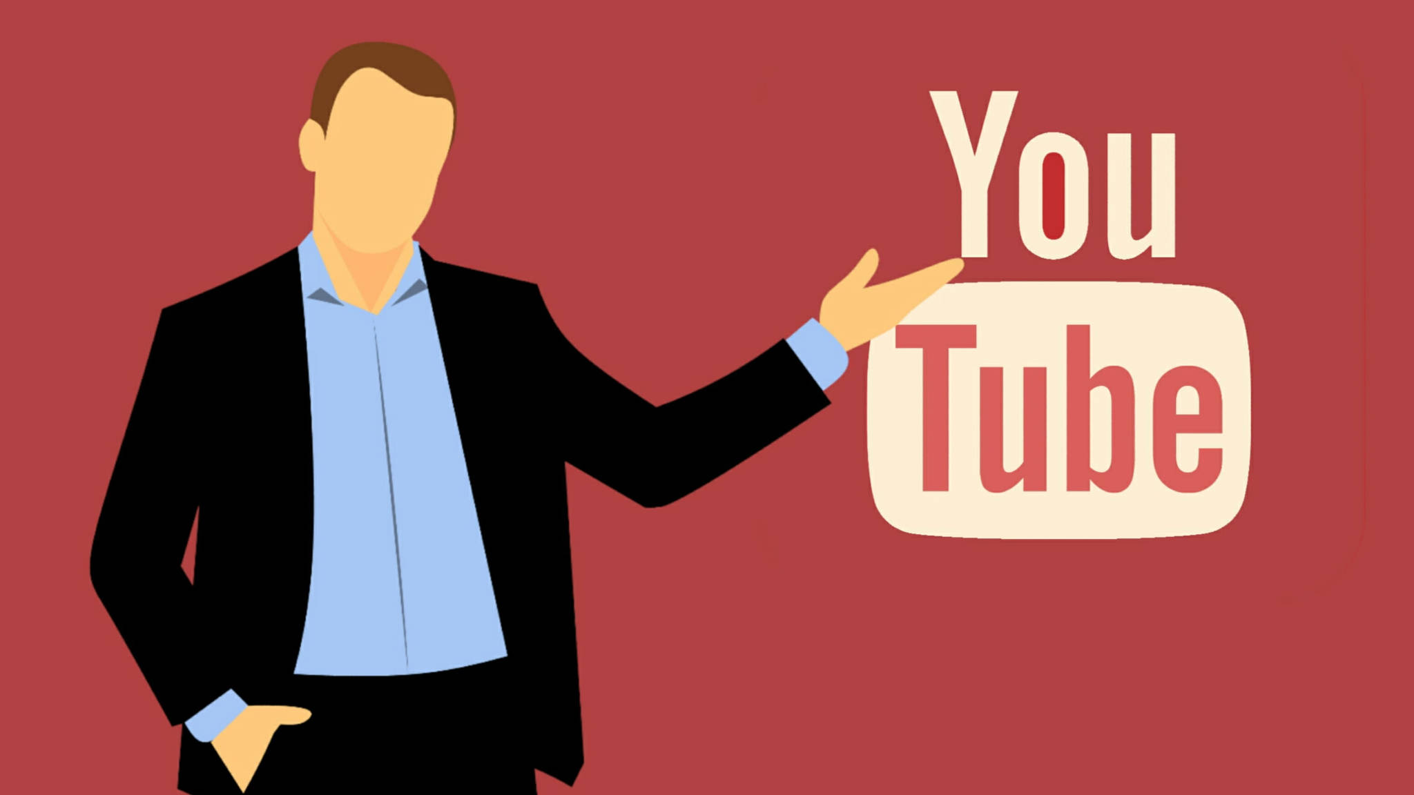 Internet 桌布 壁紙 — 一個穿著西裝的風格化男子在純紅色背景上向YouTube標誌做手勢。
