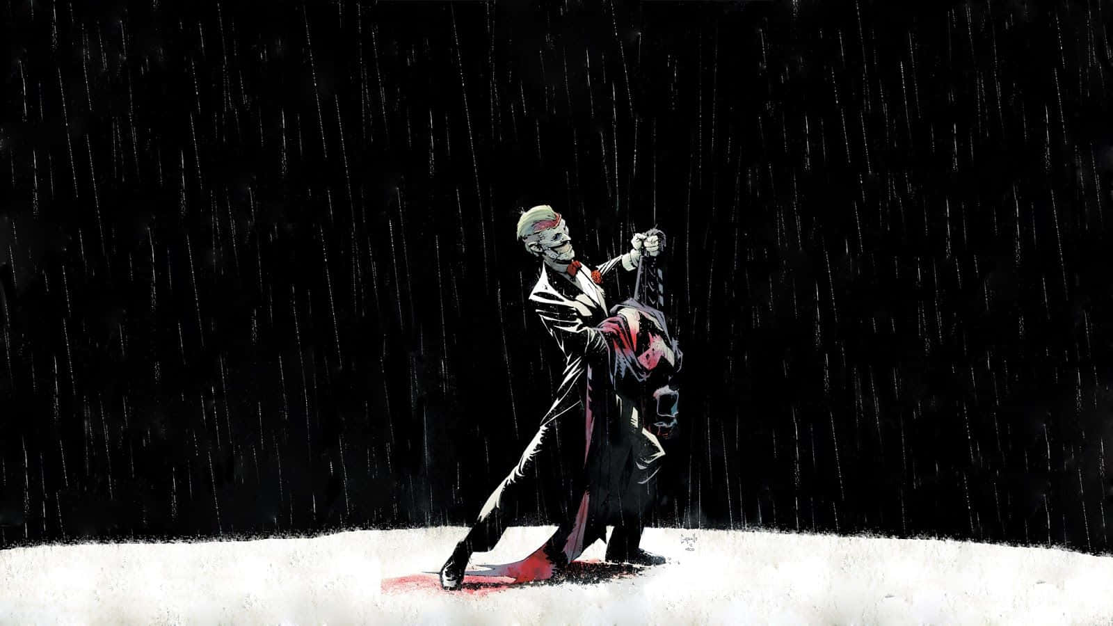 Batman Death In The Family 桌布 壁紙 — 一個穿著西裝的骷髏人物在雪地上與戴著面具的舞伴在暴雨中共舞。