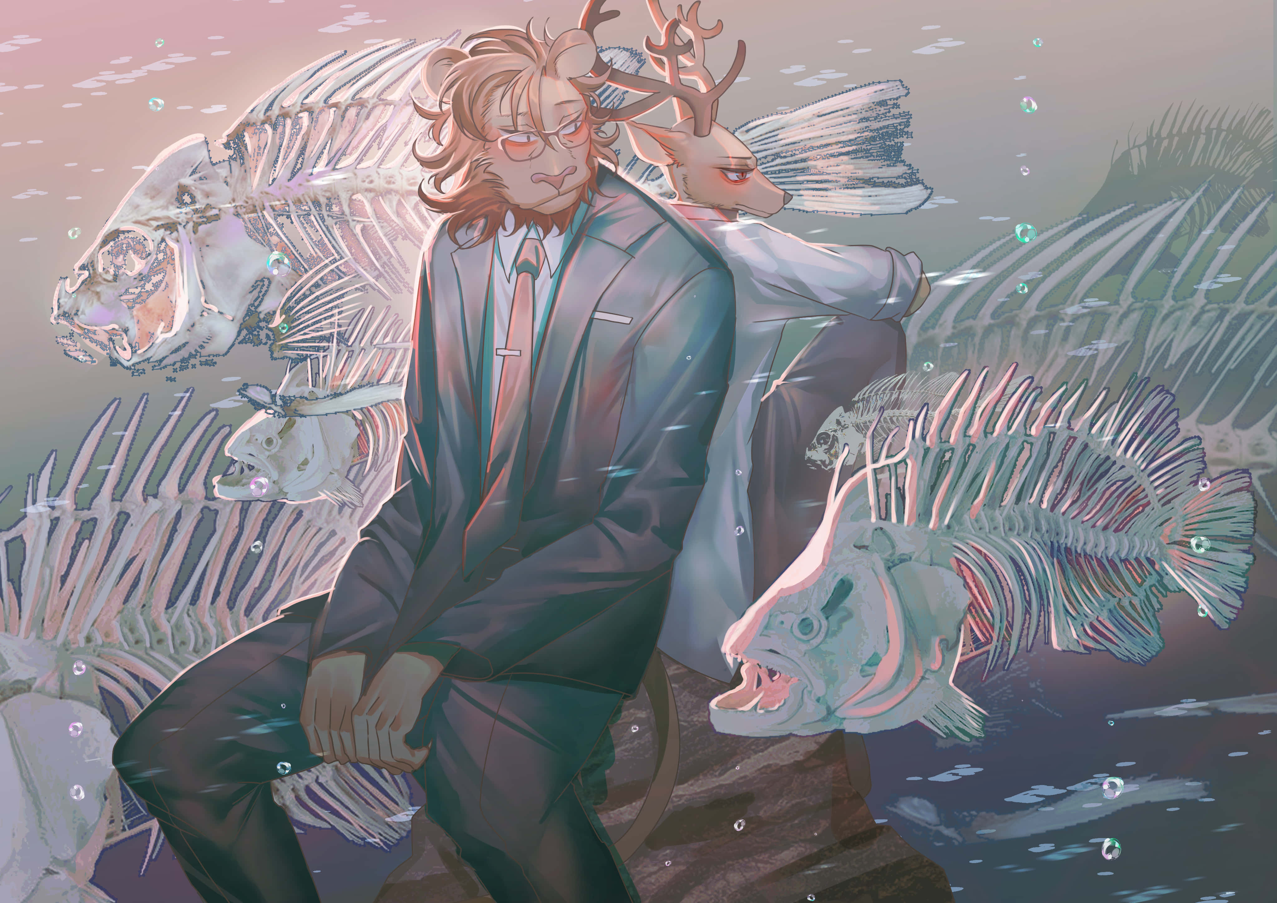 獸星 桌布 壁紙 — 一個穿著西裝的鹿頭男人平靜地坐在水下發光的魚骨頭中，周圍是柔和的粉紅色和藍色燈光。