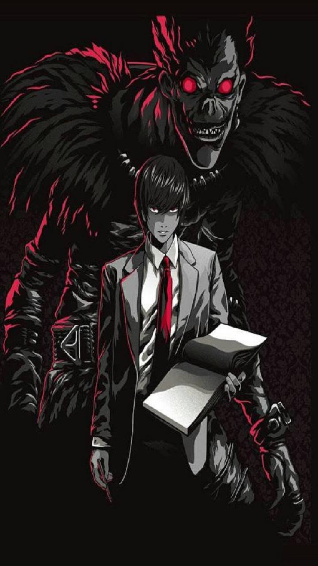 死亡筆記本 桌布 壁紙 — 一個穿著西裝的黑暗動漫角色拿著一本書，而一個威脅性的紅眼惡魔潛伏在他身後。