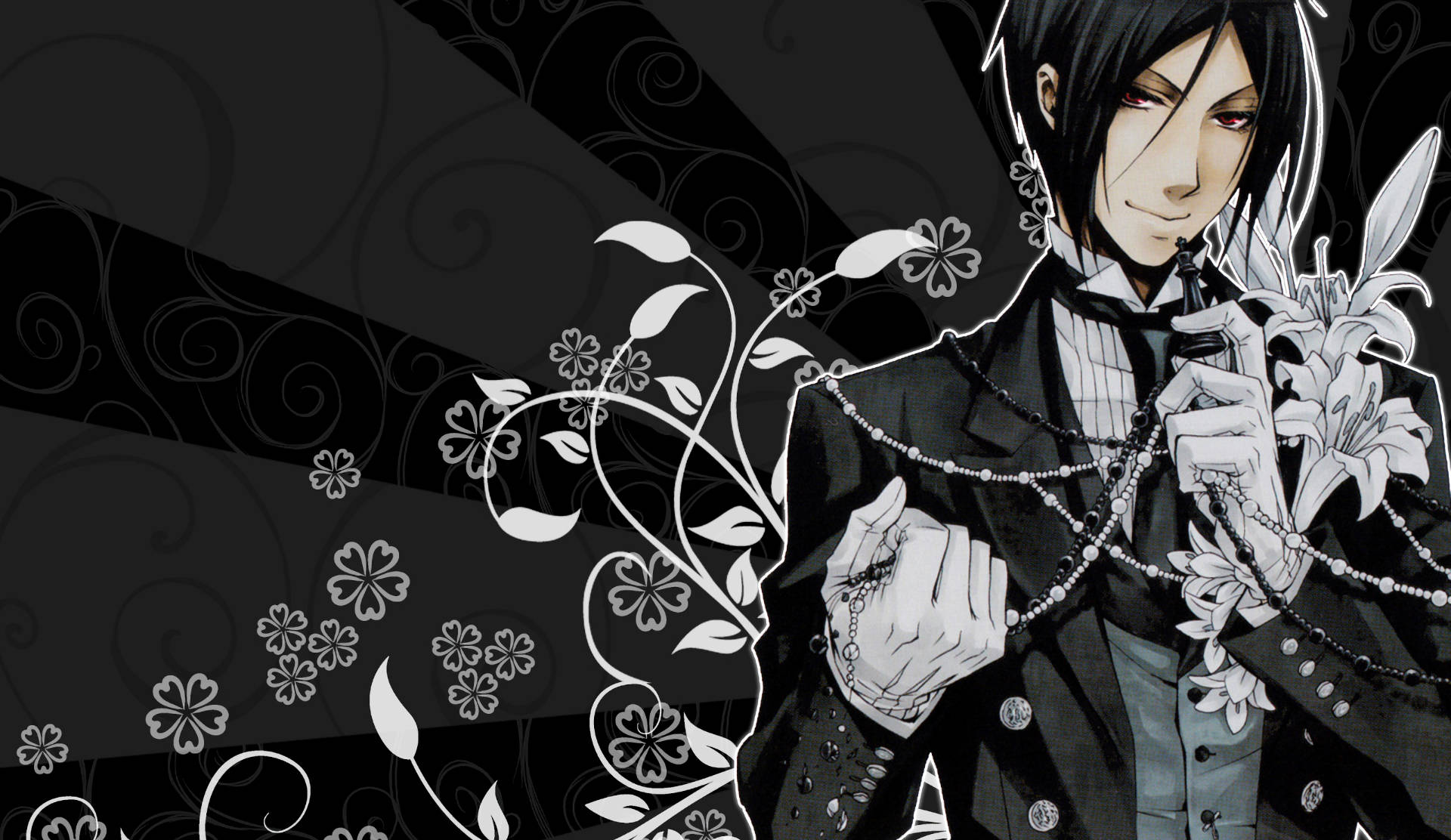 Black Butler 桌布 壁紙 — 一個穿著西裝的黑白動漫角色，在旋轉的花卉背景前拿著一條帶百合花的珠鏈。