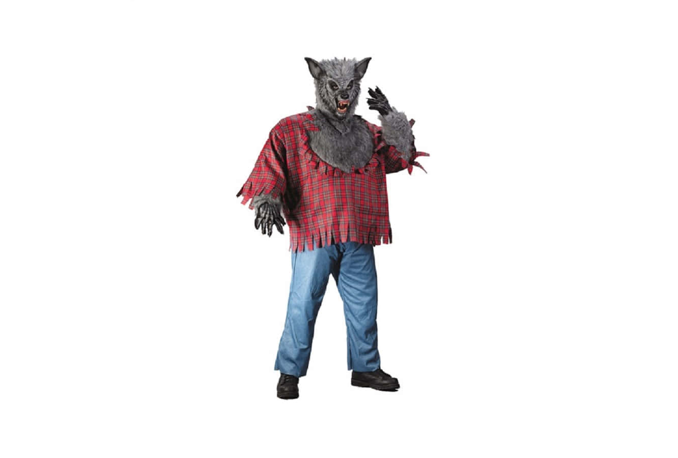 Werewolf Costumes 桌布 壁紙 — 一個穿著詳細狼人服裝、灰色毛髮的人，穿著紅色格紋襯衫和藍色牛仔褲，正在咆哮。
