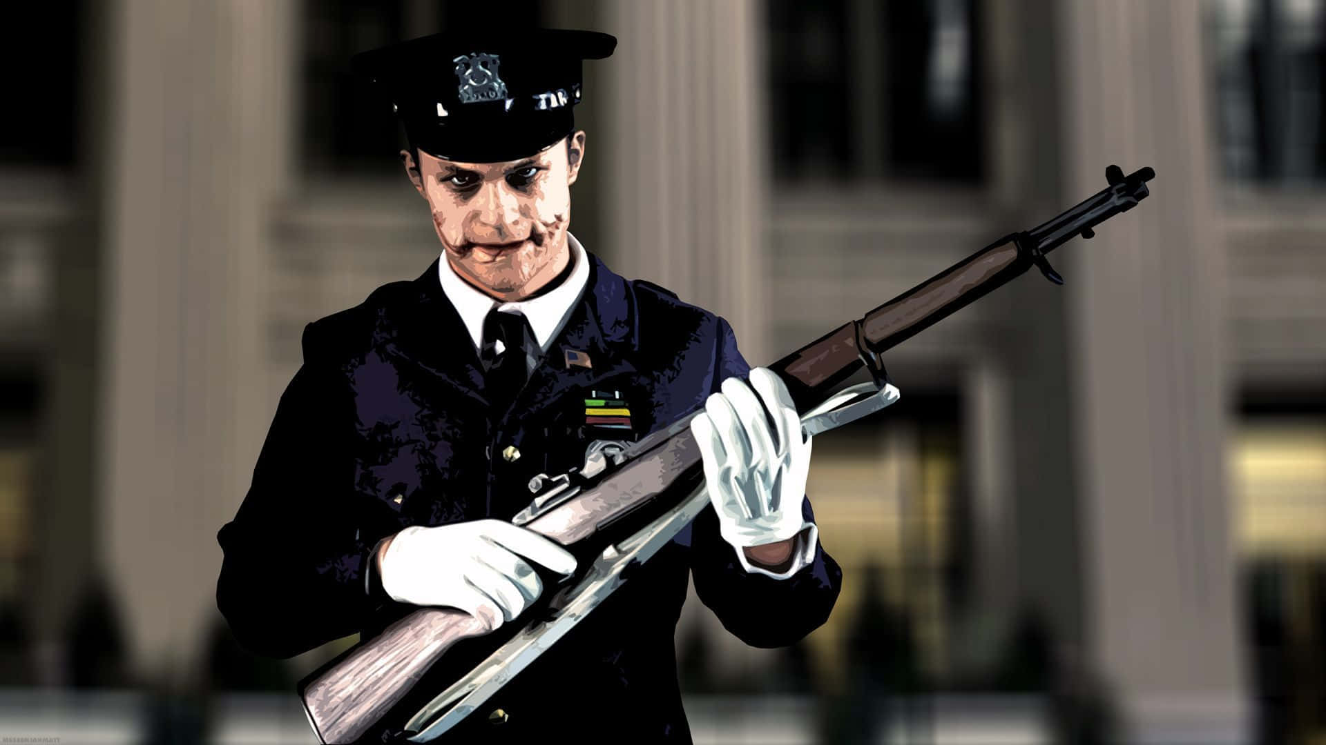 警察 桌布 壁紙 — 一個穿著警察制服、帶著塗鴉笑容的可怕人物，在模糊的法院大樓前拿著步槍。