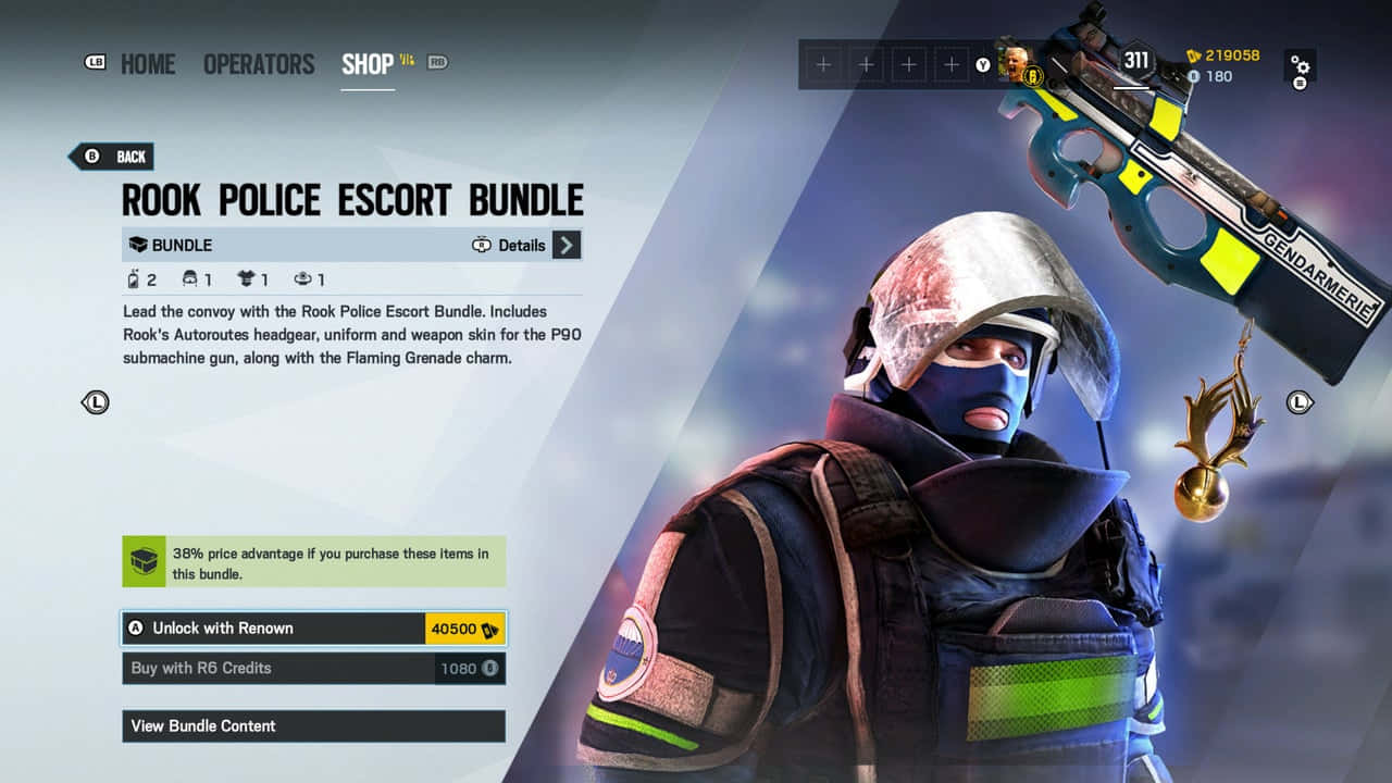 Rainbow Six Siege Rook 桌布 壁紙 — 一個穿著警察裝備的電子遊戲角色，在數位商店介面背景前手持發光武器。