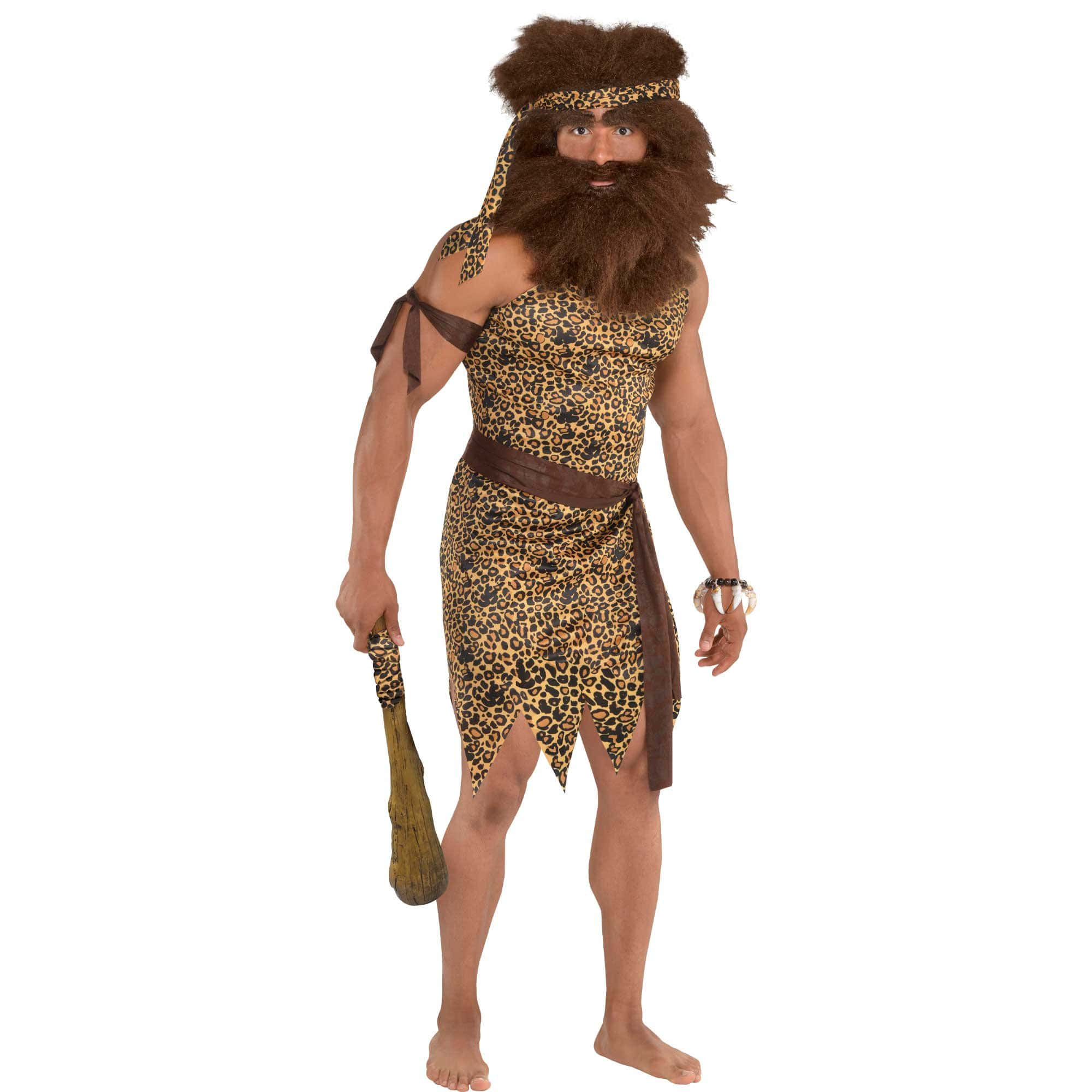 caveman 桌布 壁紙 — 一個穿著豹紋服裝、毛皮帽和鬍鬚的原始人裝扮男子，在白色背景前手持棍棒。