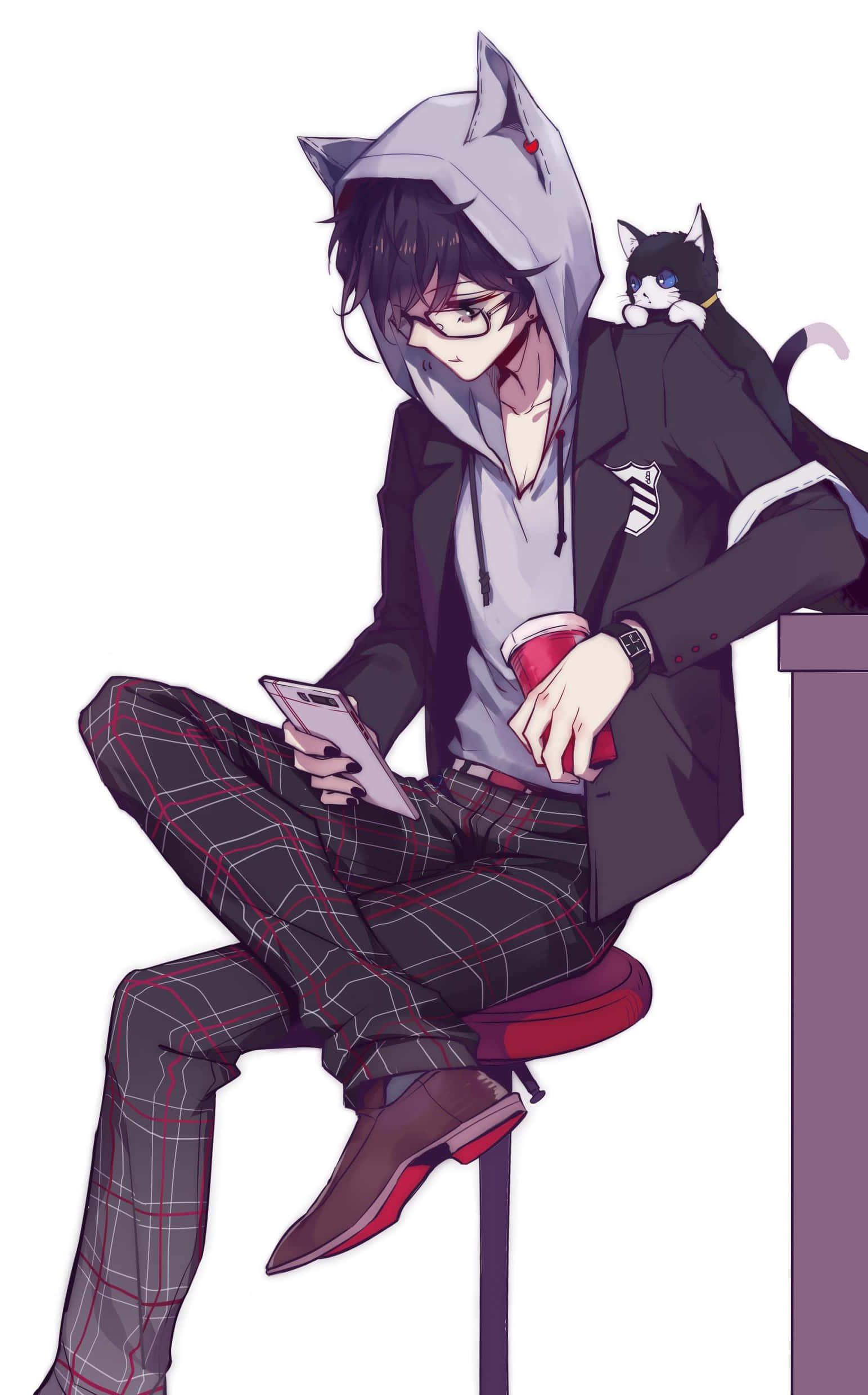 neko 桌布 壁紙 — 一個穿著貓耳連帽衫的年輕動漫男孩坐在凳子上，拿著手機，一隻黑貓棲息在他的肩膀上。