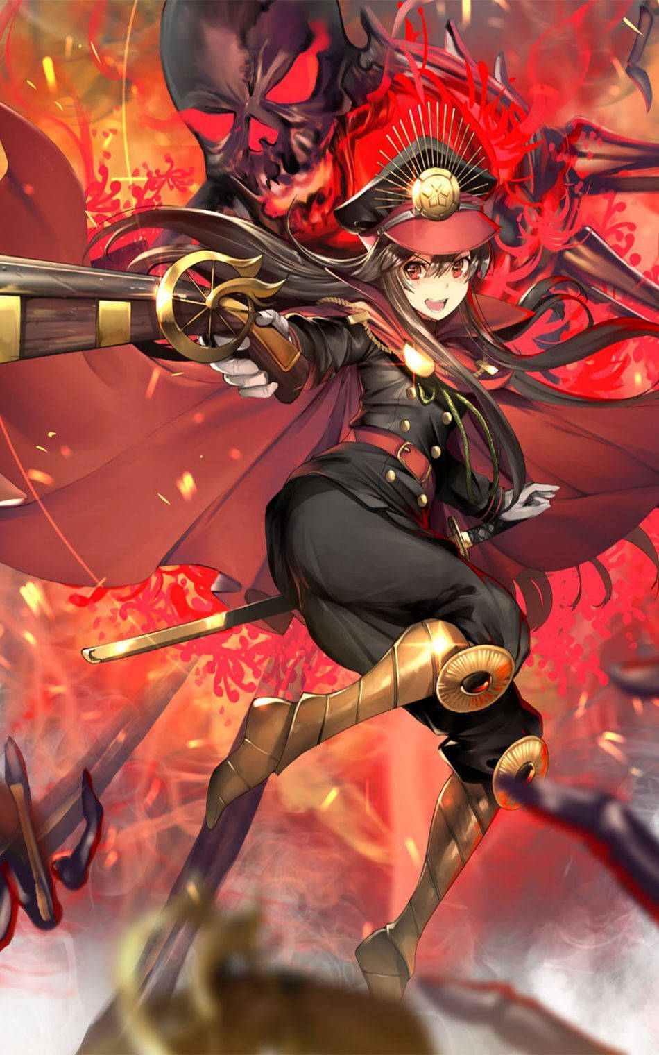 Fate/Grand Order 桌布 壁紙 — 一個穿著軍裝的兇猛動漫女孩在熾熱的紅色混亂中揮劍對抗惡魔頭骨。