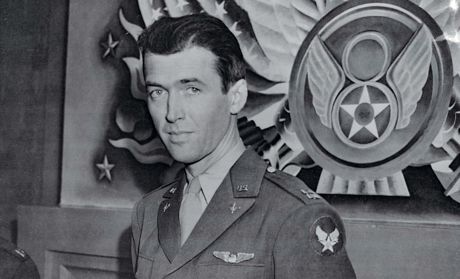 Ww2 桌布 壁紙 — 一個穿著軍裝的男人站在美國國旗和空軍徽章前的黑白肖像。
