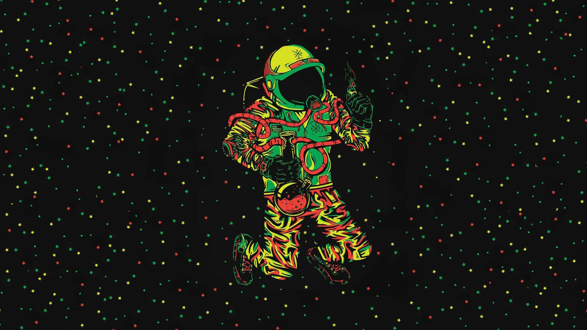 Cartoon Space 桌布 壁紙 — 一個穿著迷幻套裝的鮮豔霓虹太空人，在星光閃爍的黑色背景上漂浮。